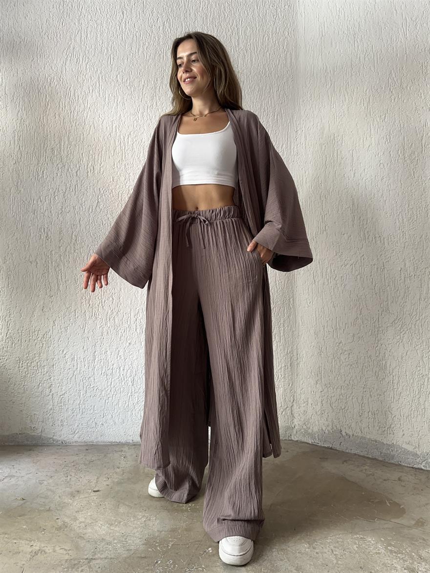 Maxi Kimono Gofre Takım - Vizon - Dominatrend