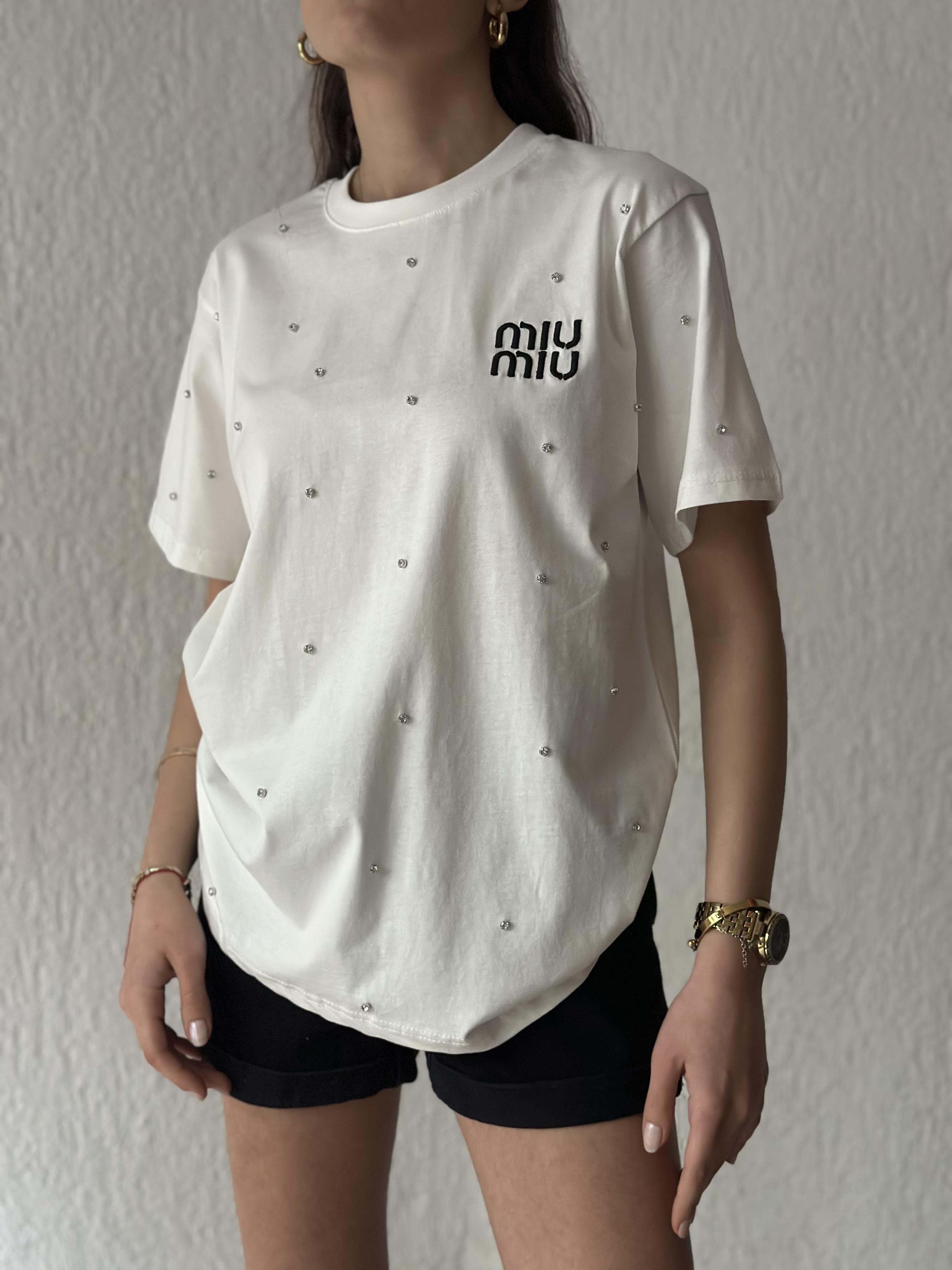 Miu Miu Taşlı Oversize T-shirt - beyaz