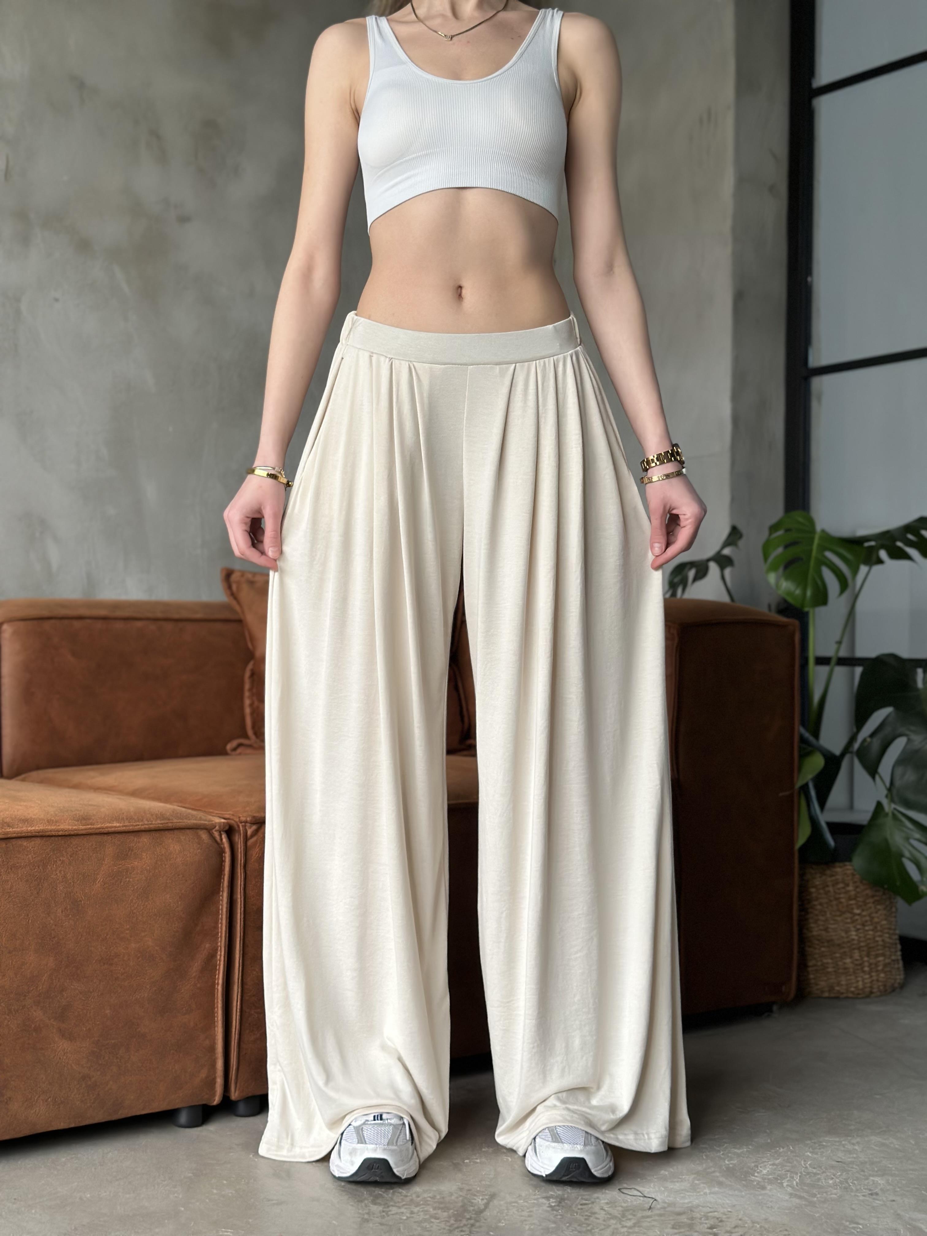 Modal Dökümlü Palazzo Pantolon Krem - Dominatrend