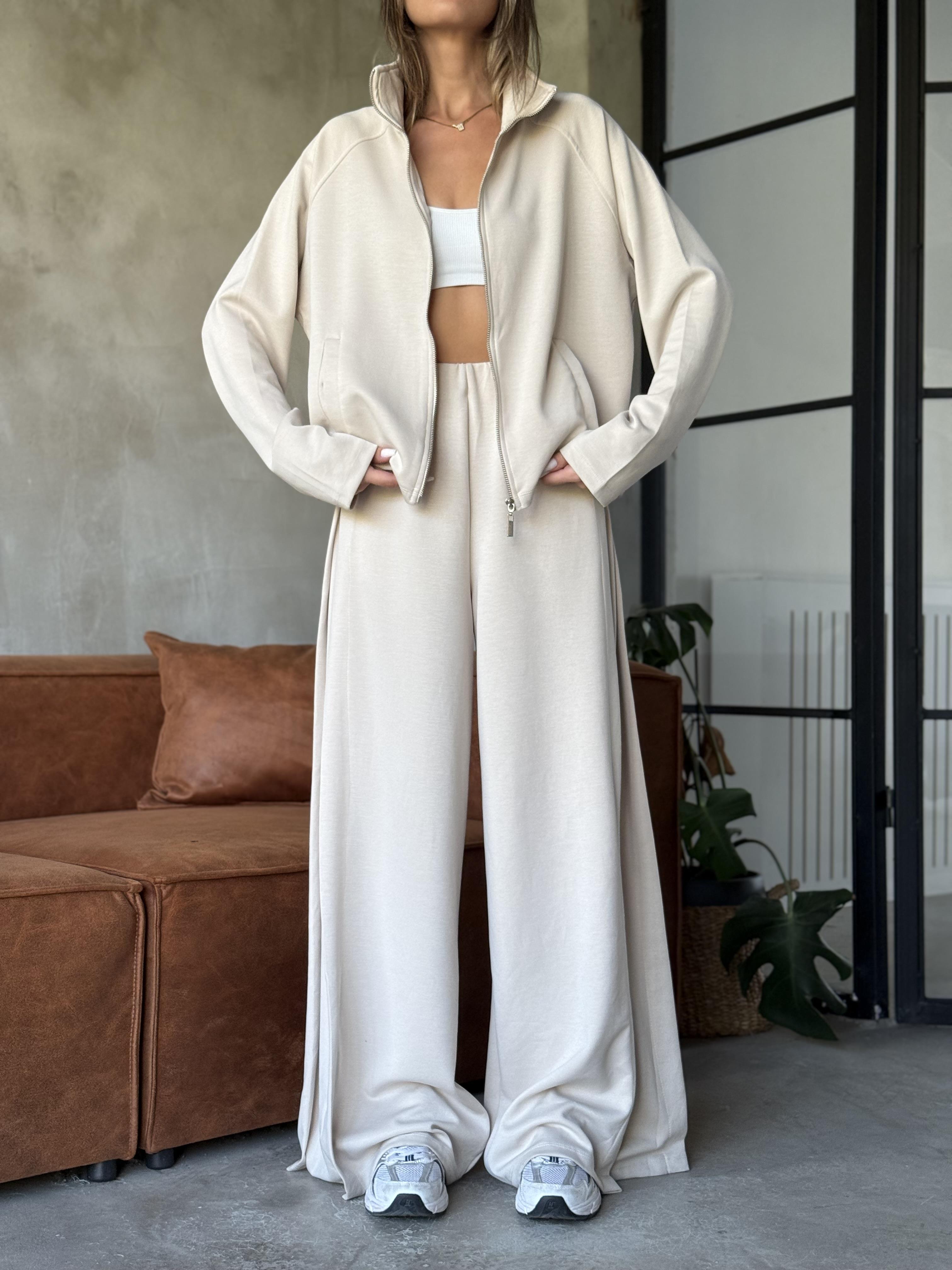 Modal Pilili Ceket Pantolon Takım - Bej - Dominatrend