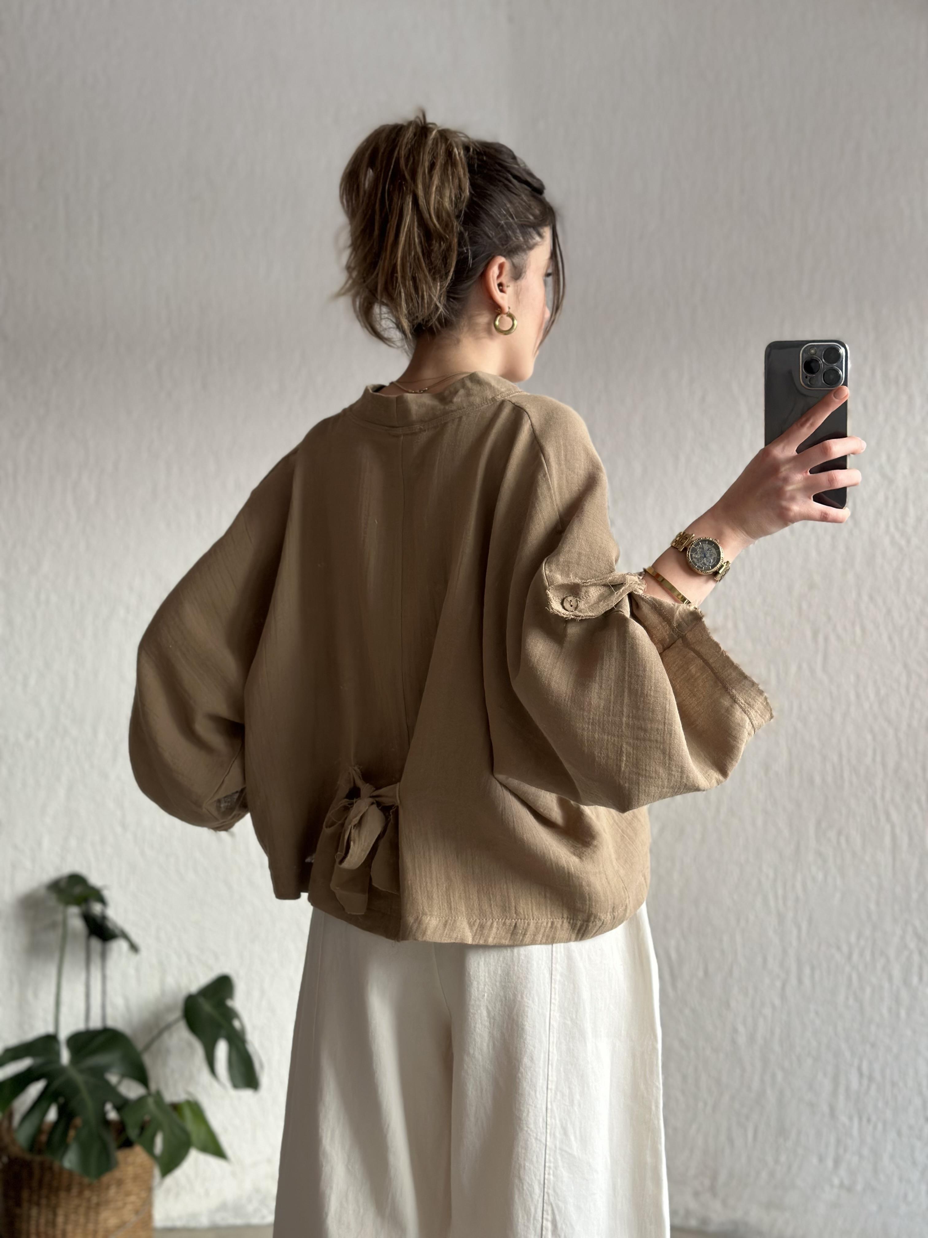 Müslin Bel Bağlamalı Oversize Ceket - Camel - Dominatrend