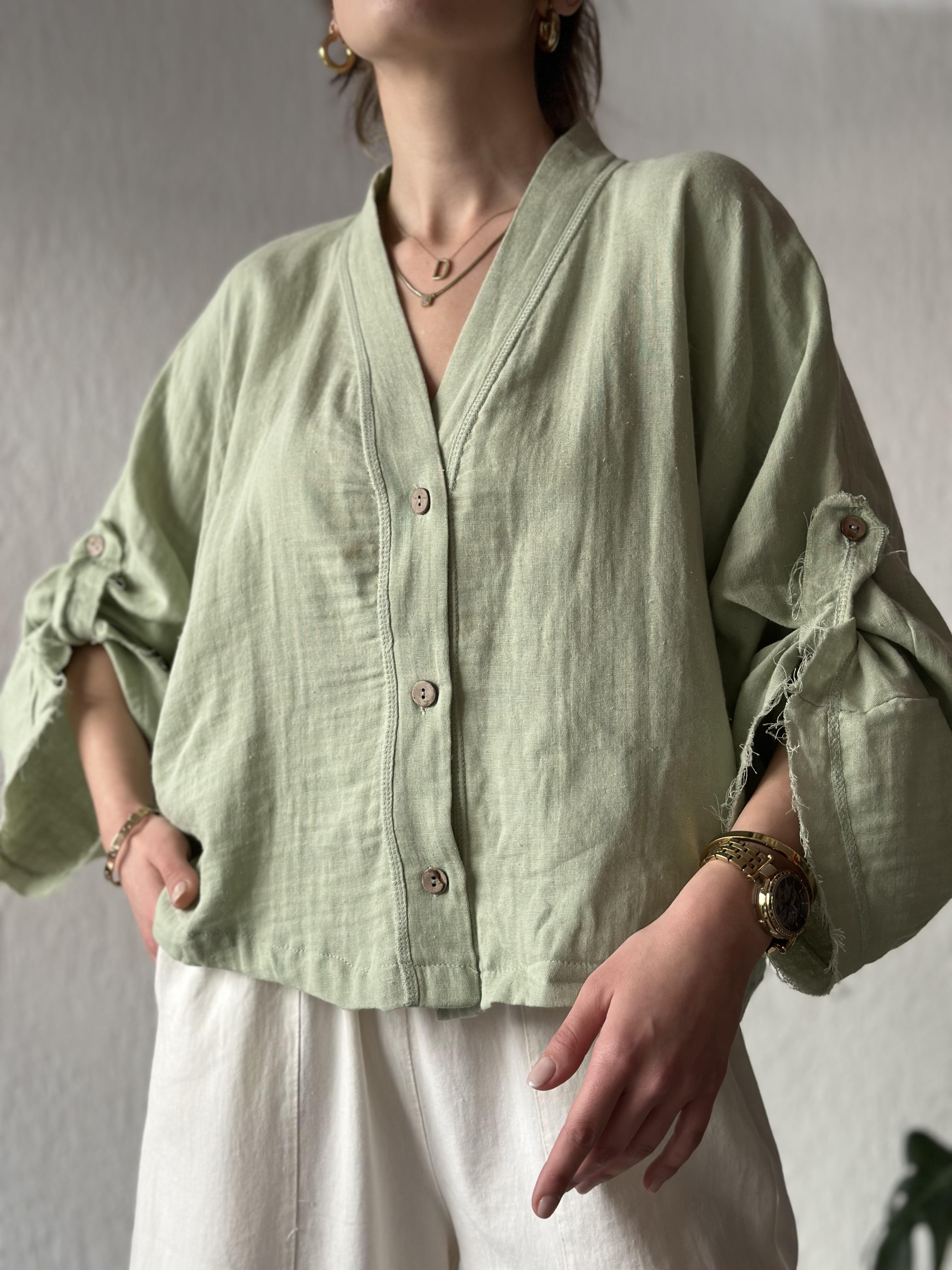 Müslin Bel Bağlamalı Oversize Ceket - Yeşil - Dominatrend