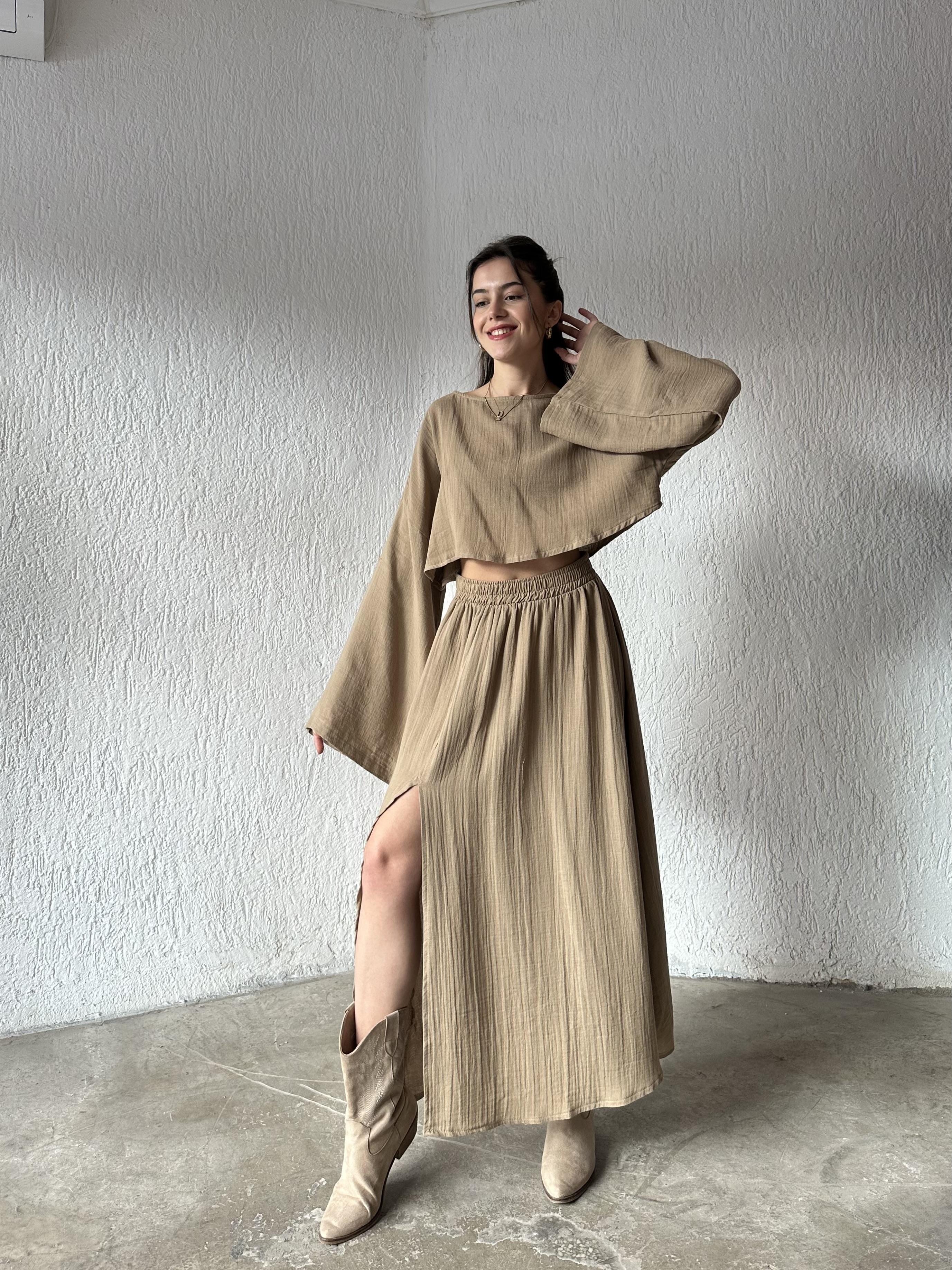 Müslin Bohem Etekli İkili Takım - Camel - Dominatrend