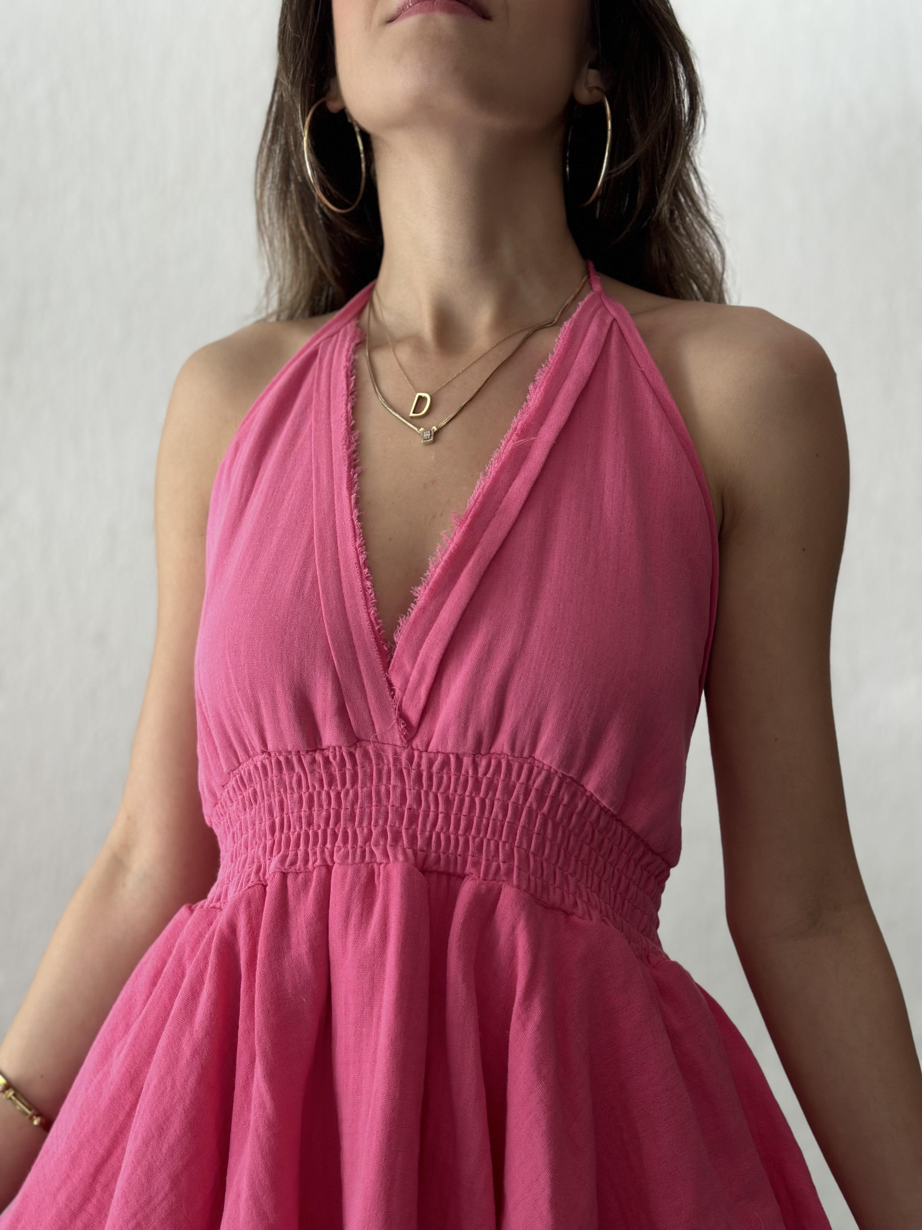 Müslin Boyundan Bağlamalı Katlı Elbise - Pembe - Dominatrend