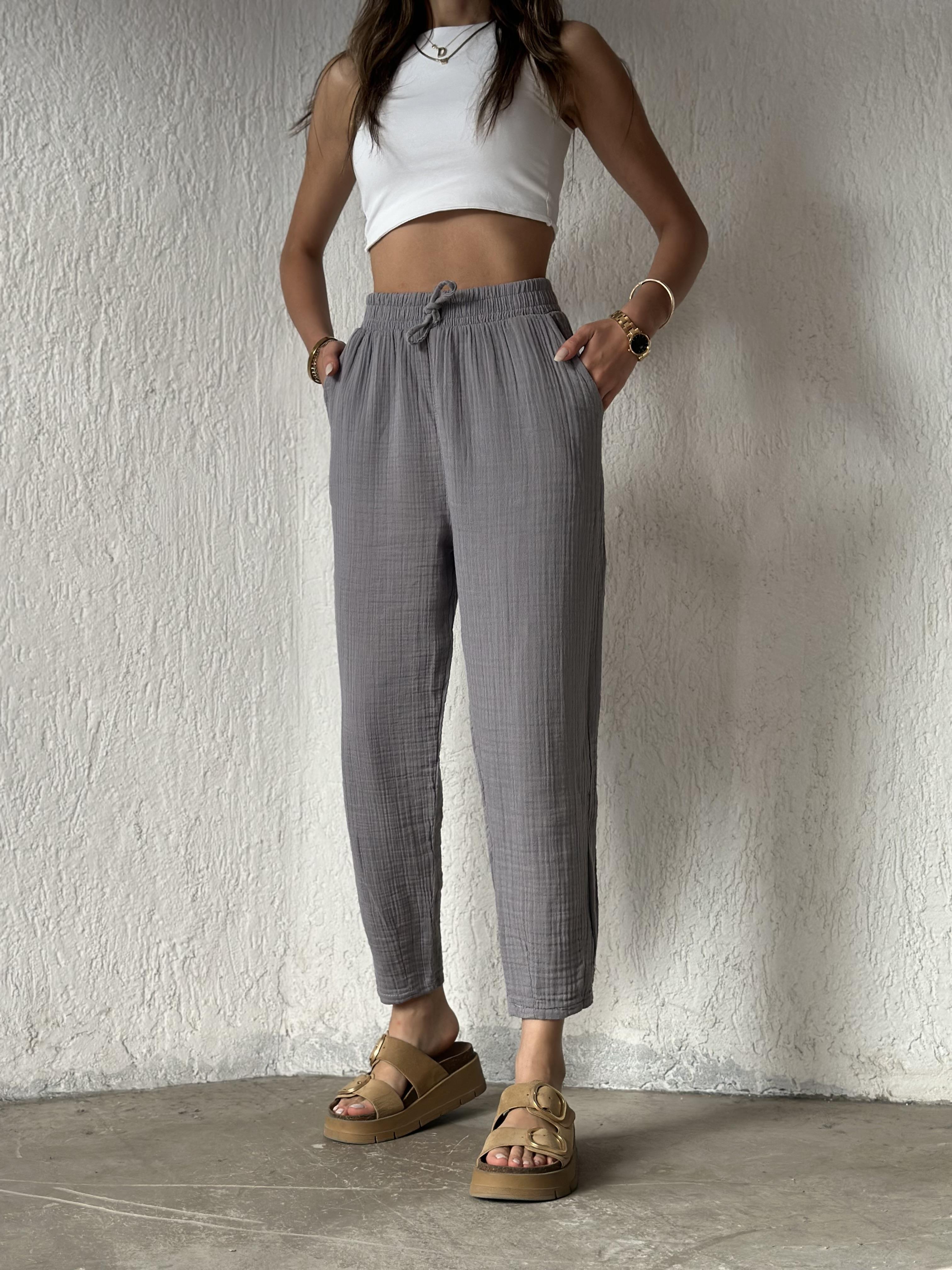 Müslin Paça Pensli Pantolon - Gri - Dominatrend