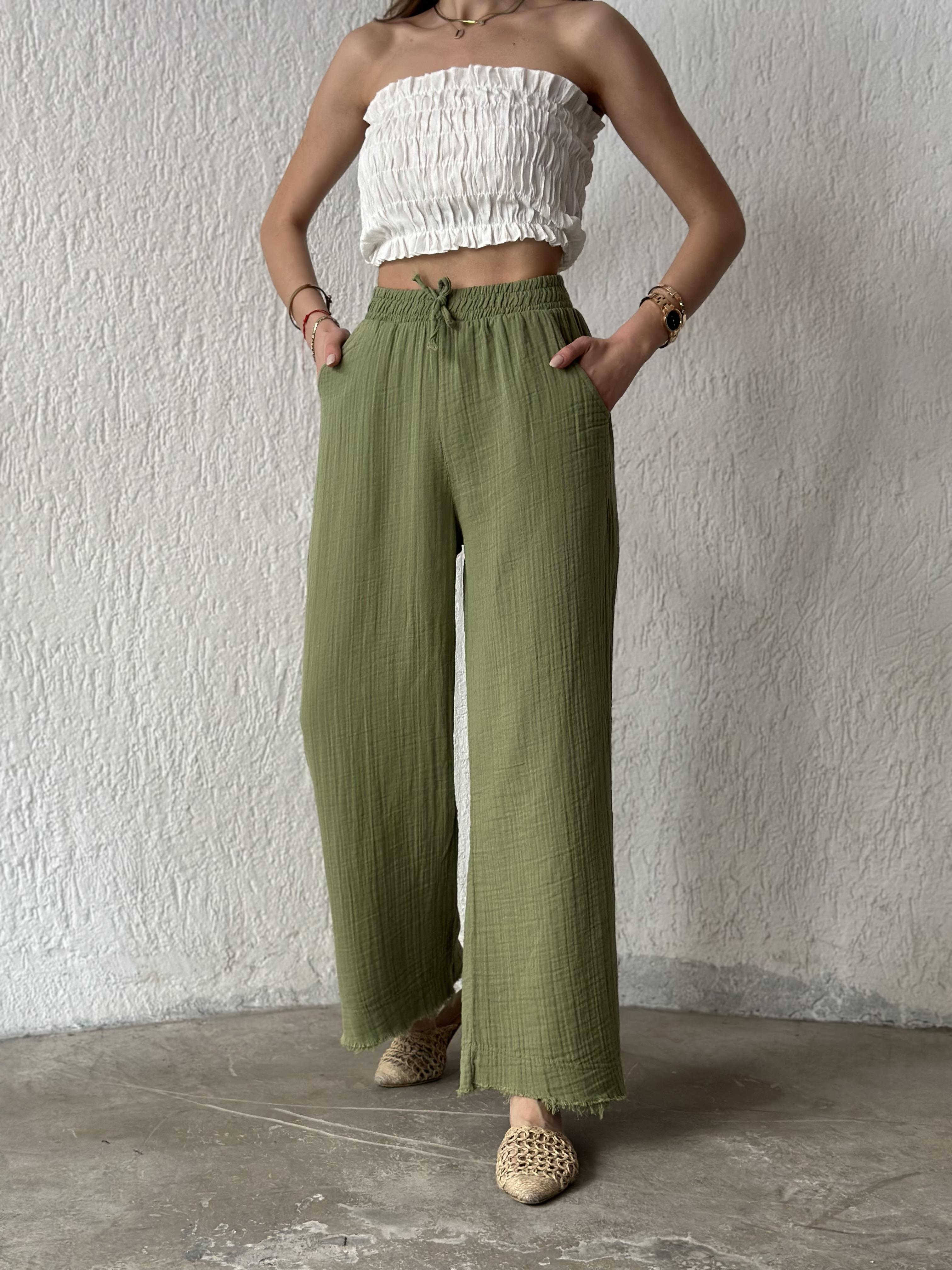 Müslin Salaş Pantolon - Yeşil - Dominatrend