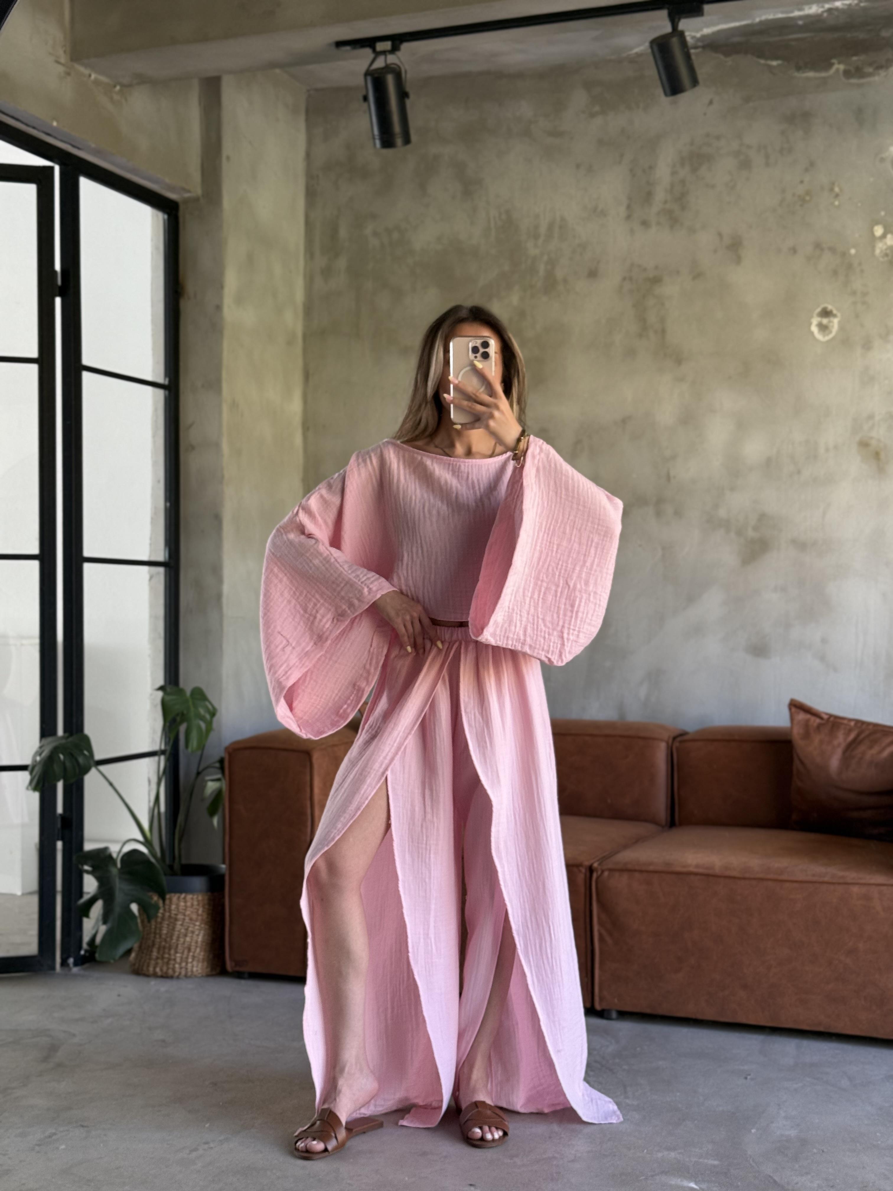 Müslin Yırtmaçlı Salaş Takım - Pembe - Dominatrend