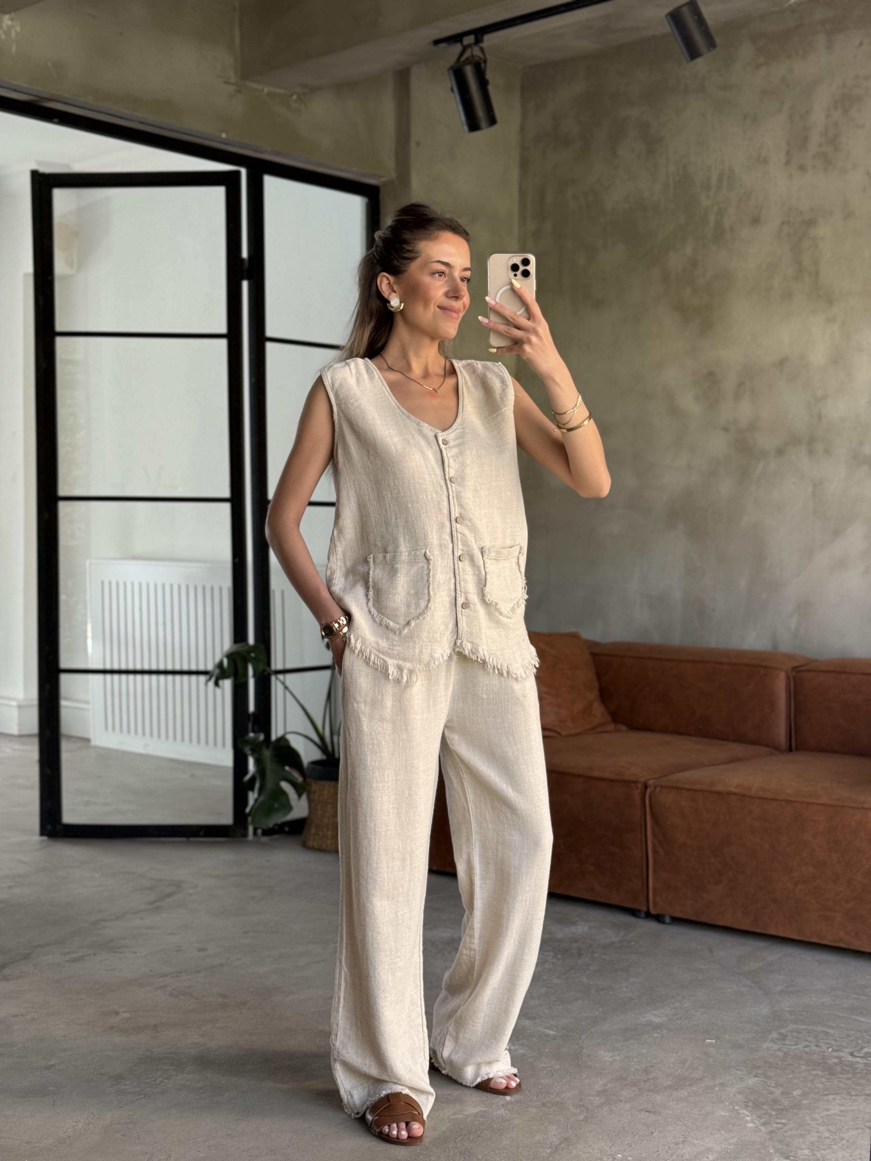 Natural Keten Yelek Pantolon Takım - Dominatrend