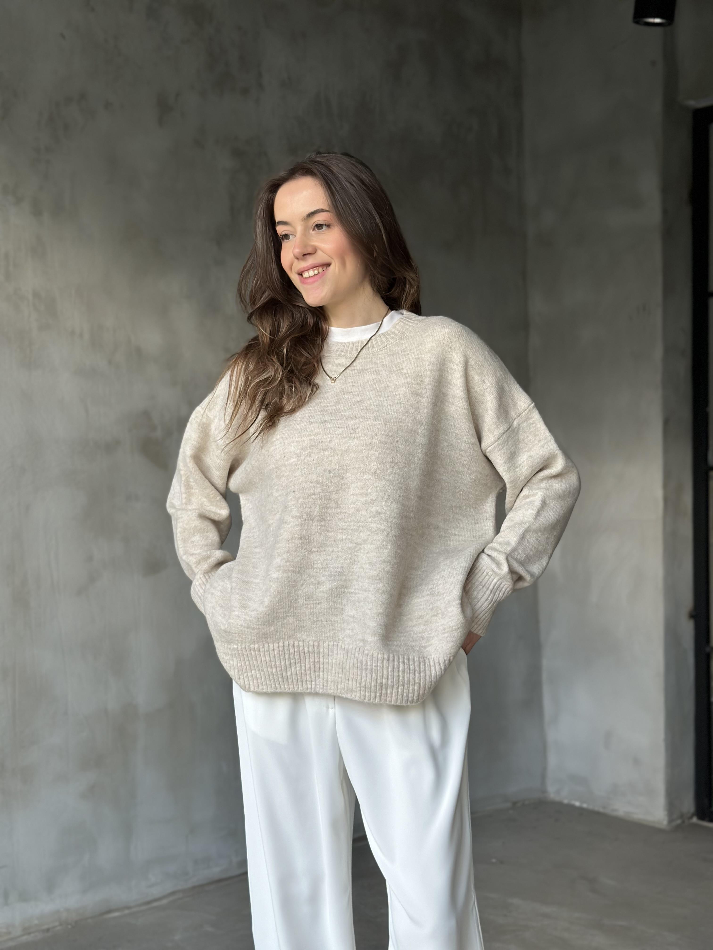Oversize Basic Triko Kazak - Ekru - Dominatrend