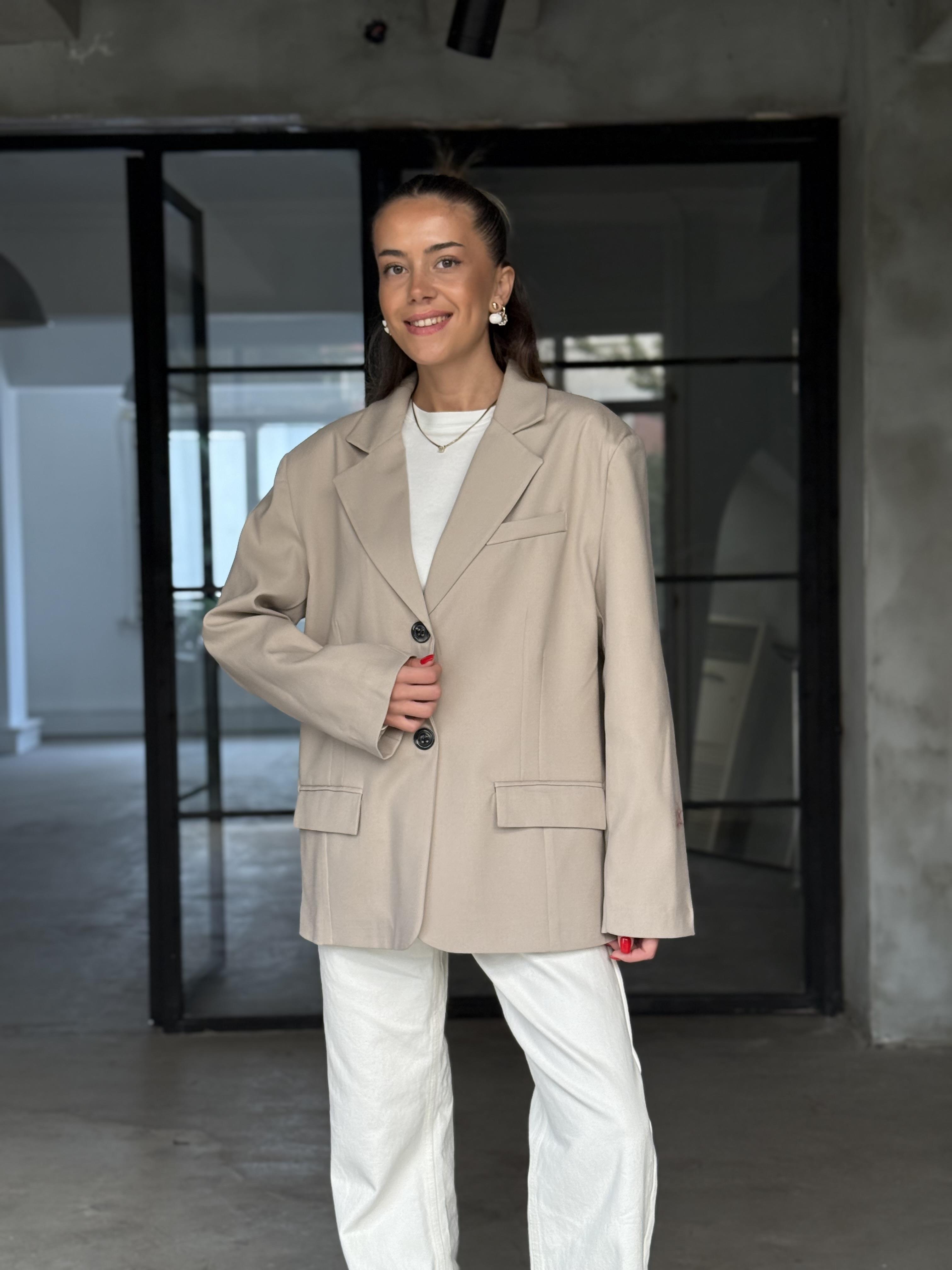 Oversize Blazer Ceket - Bej - Dominatrend
