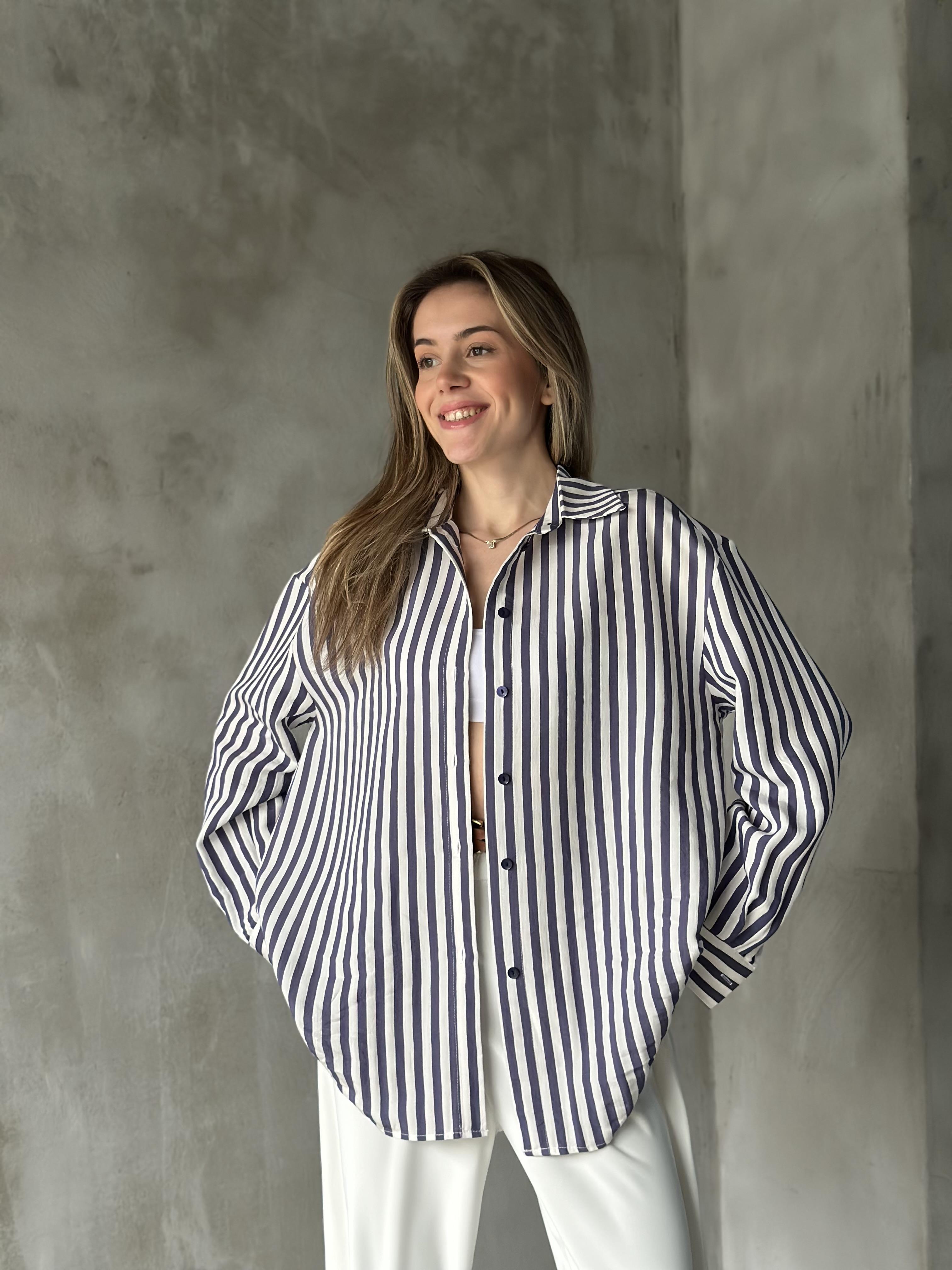 Oversize İndigo Çizgili Gömlek - Dominatrend