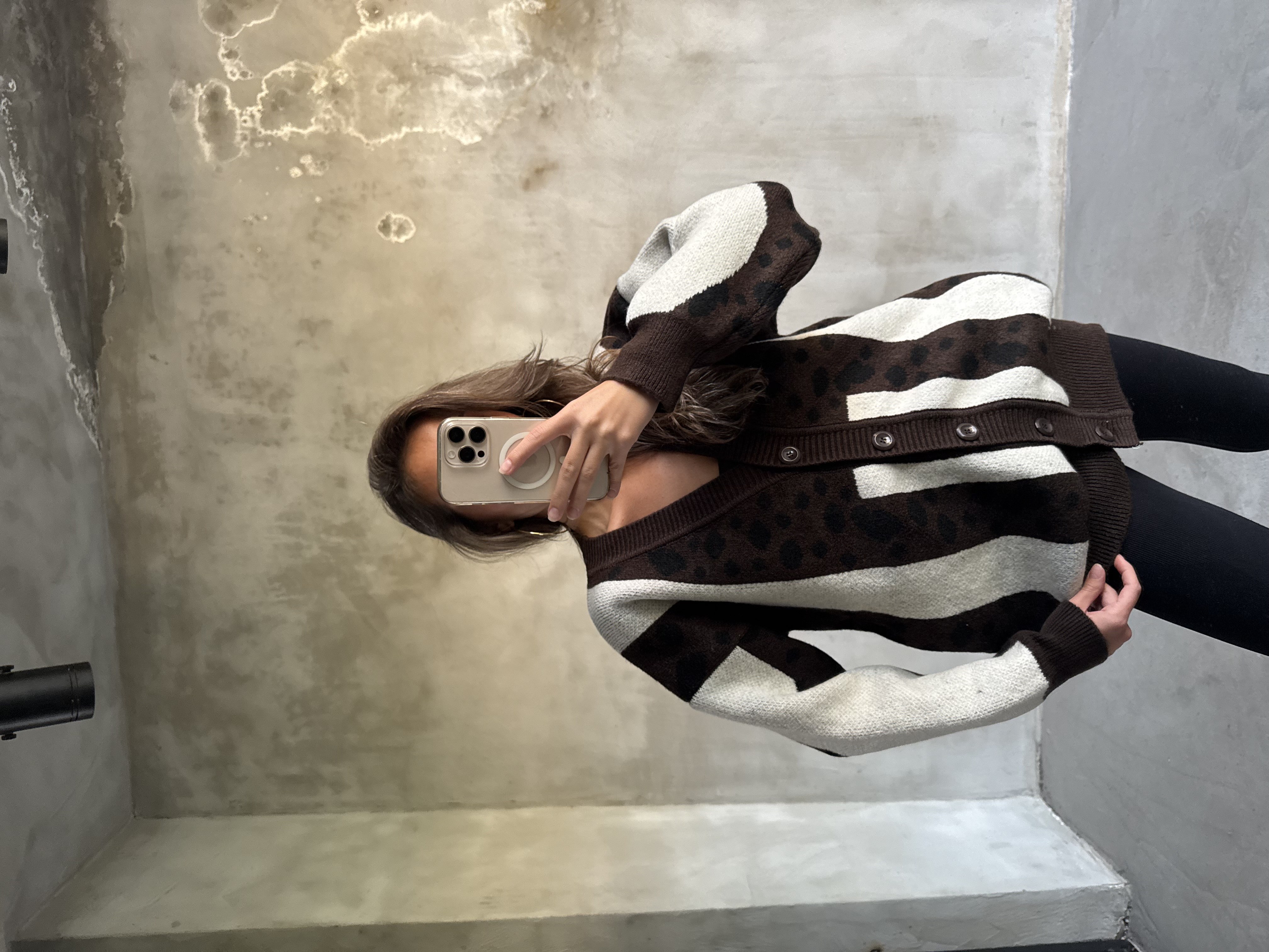 Oversize Kalın Örme Triko Hırka Kahve - Krem - Dominatrend