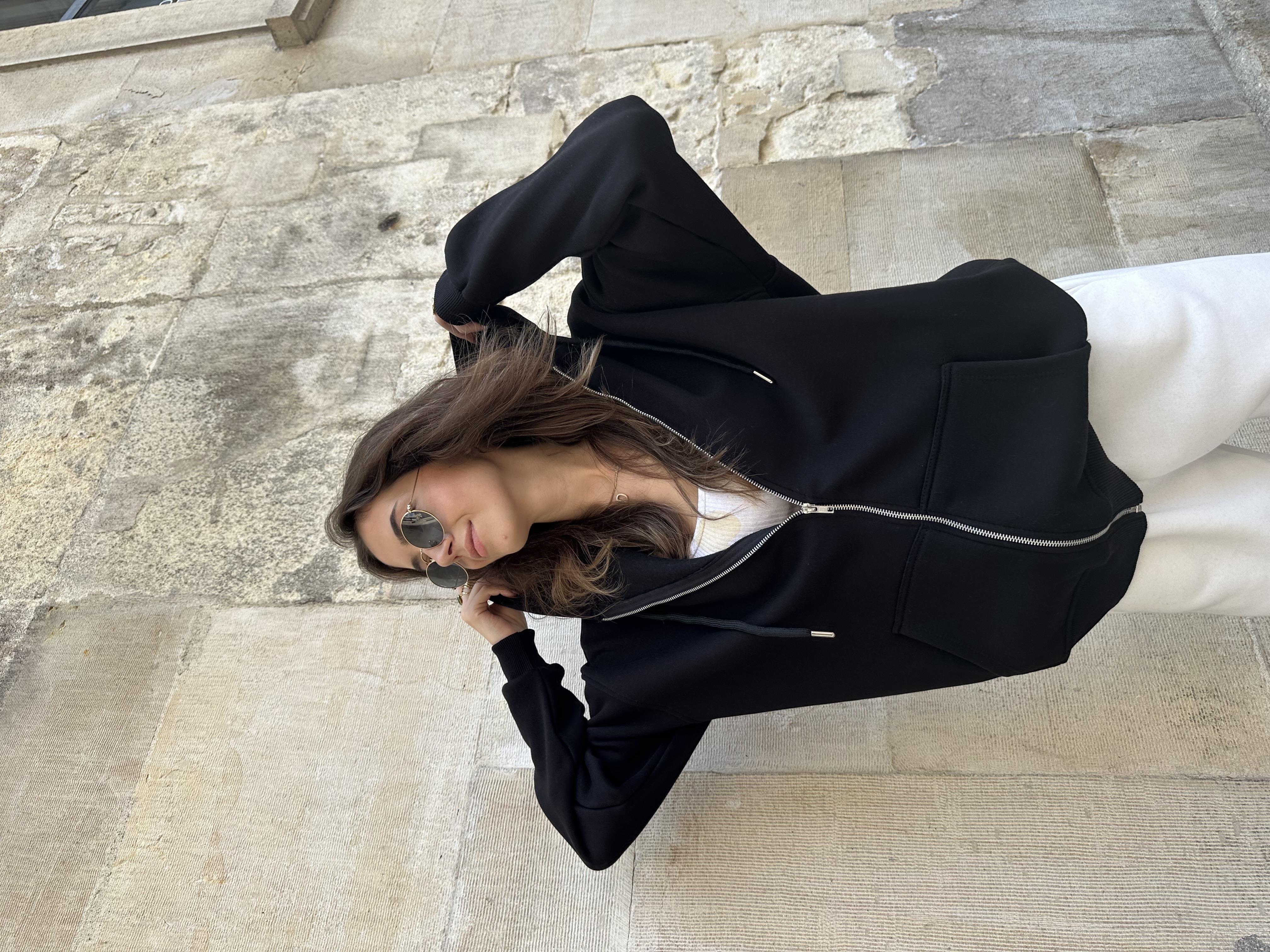 Oversize Kapüşonlu Hırka - Siyah - Dominatrend