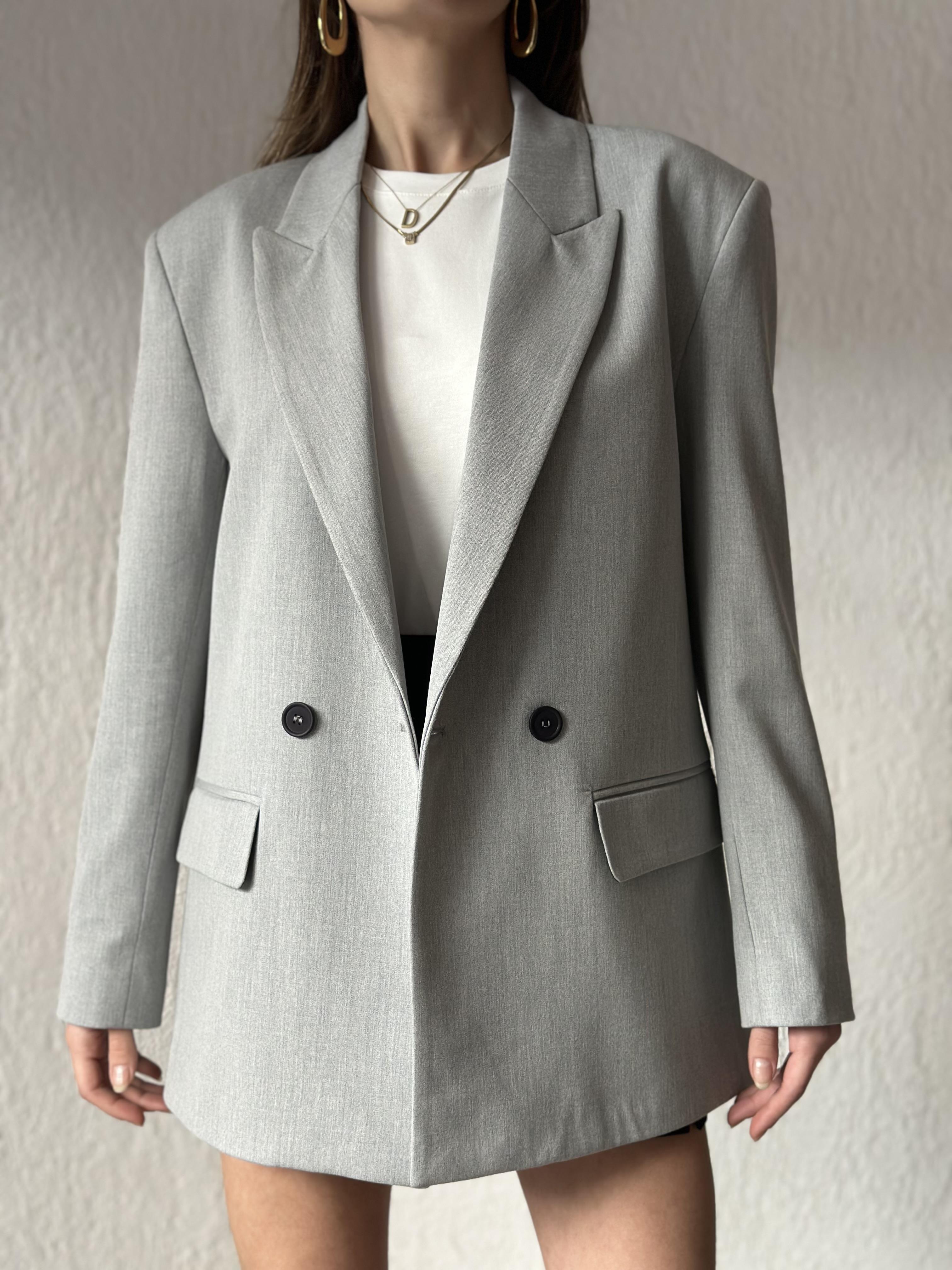 Oversize Kruvaze Yaka Blazer Ceket - Gri - Dominatrend