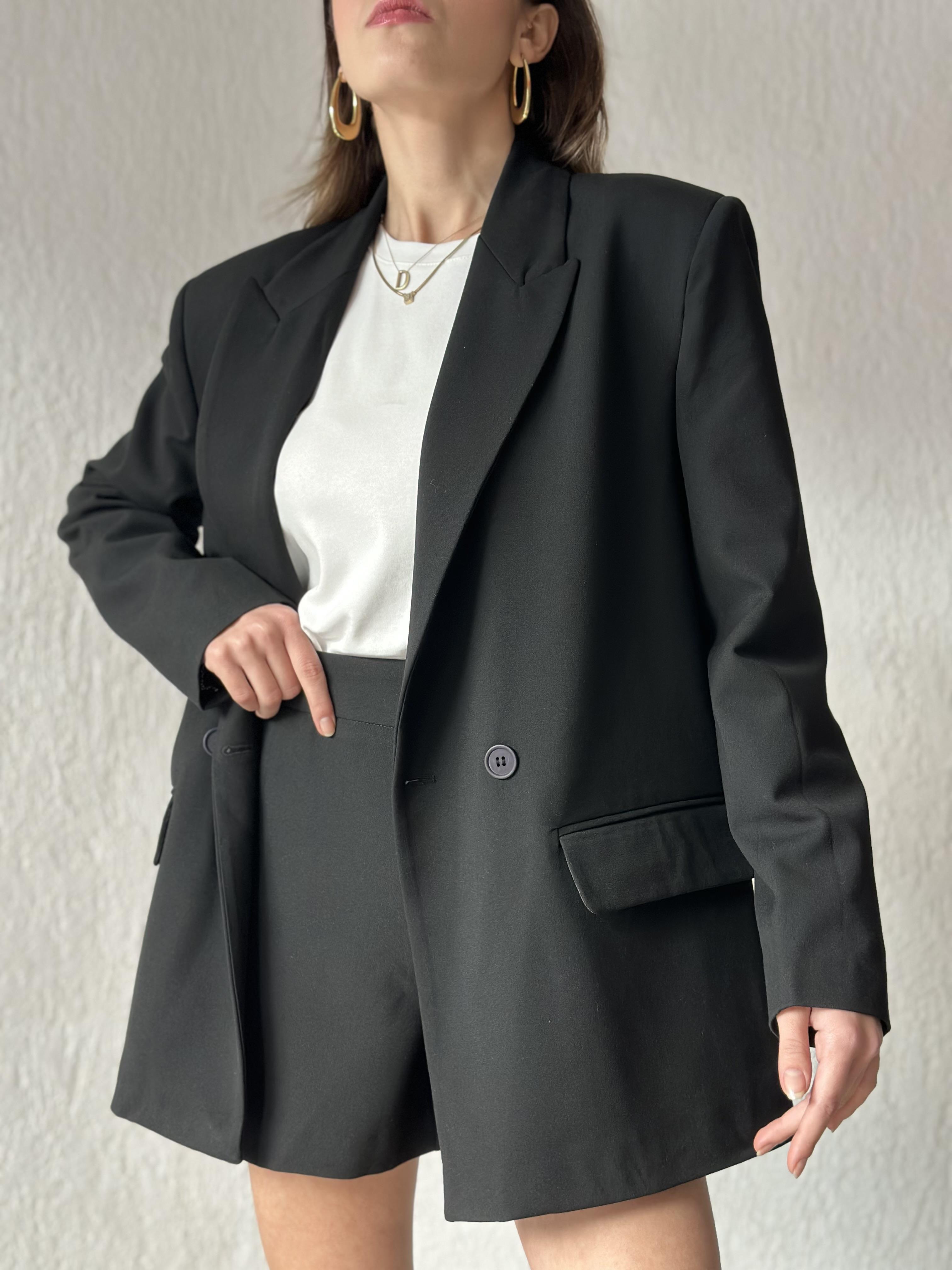 Oversize Kruvaze Yaka Blazer Ceket - Siyah - Dominatrend