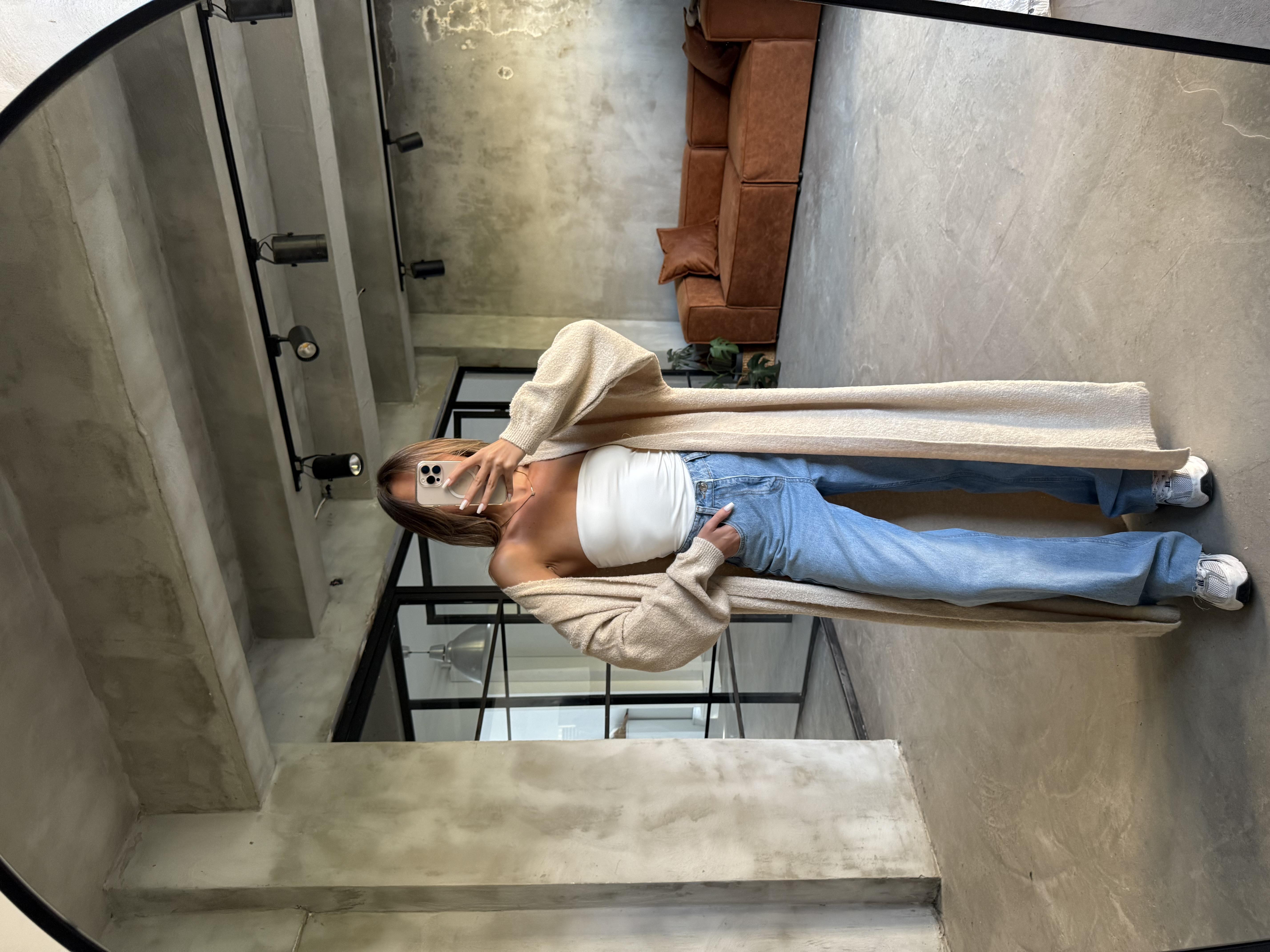 Oversize Maxi Boy Triko Hırka - Krem - Dominatrend