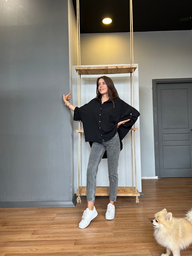 Oversize Siyah Arkası Uzun Gömlek - Dominatrend