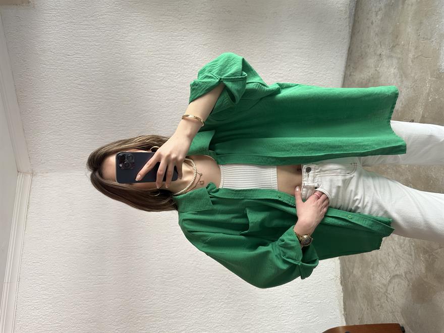Oversize Tek Cepli Keten Gömlek - Bej - Dominatrend