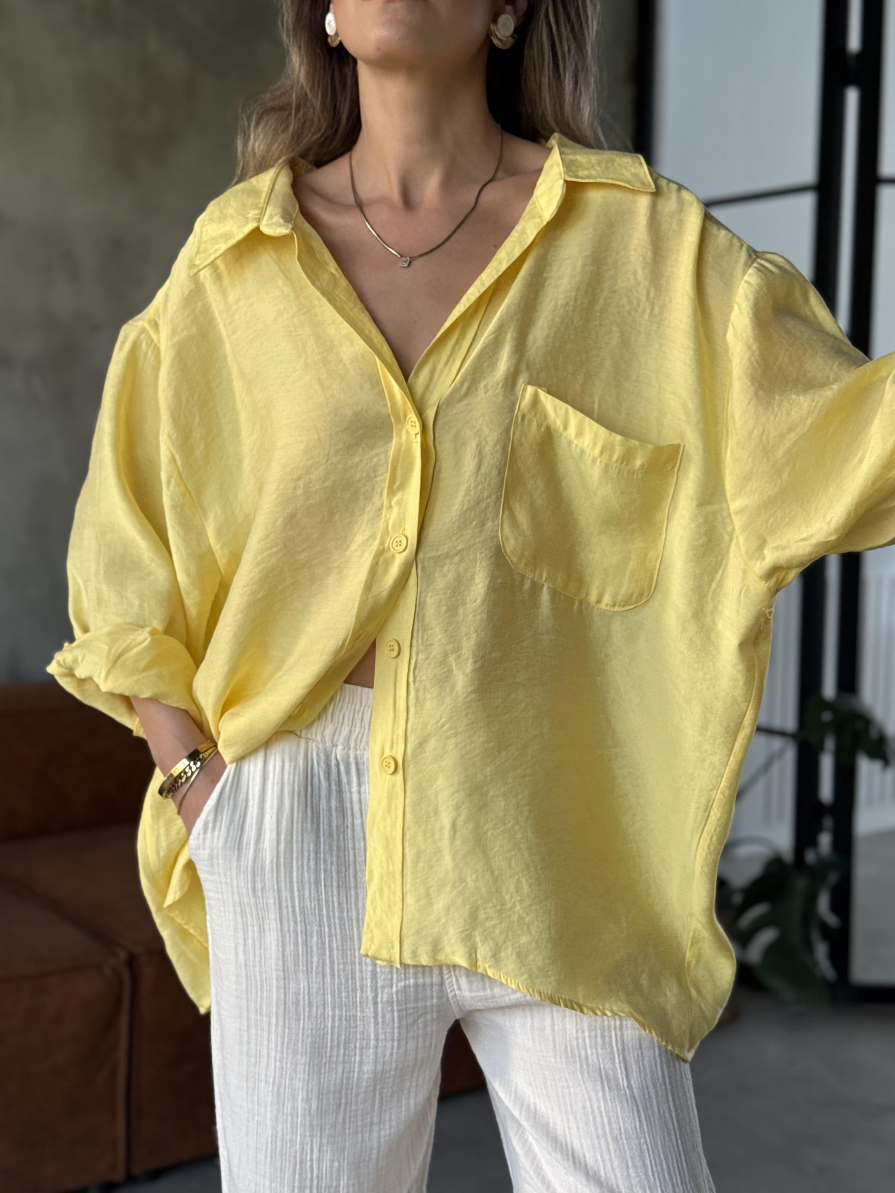 Oversize Tencel Gömlek - Sarı - Dominatrend