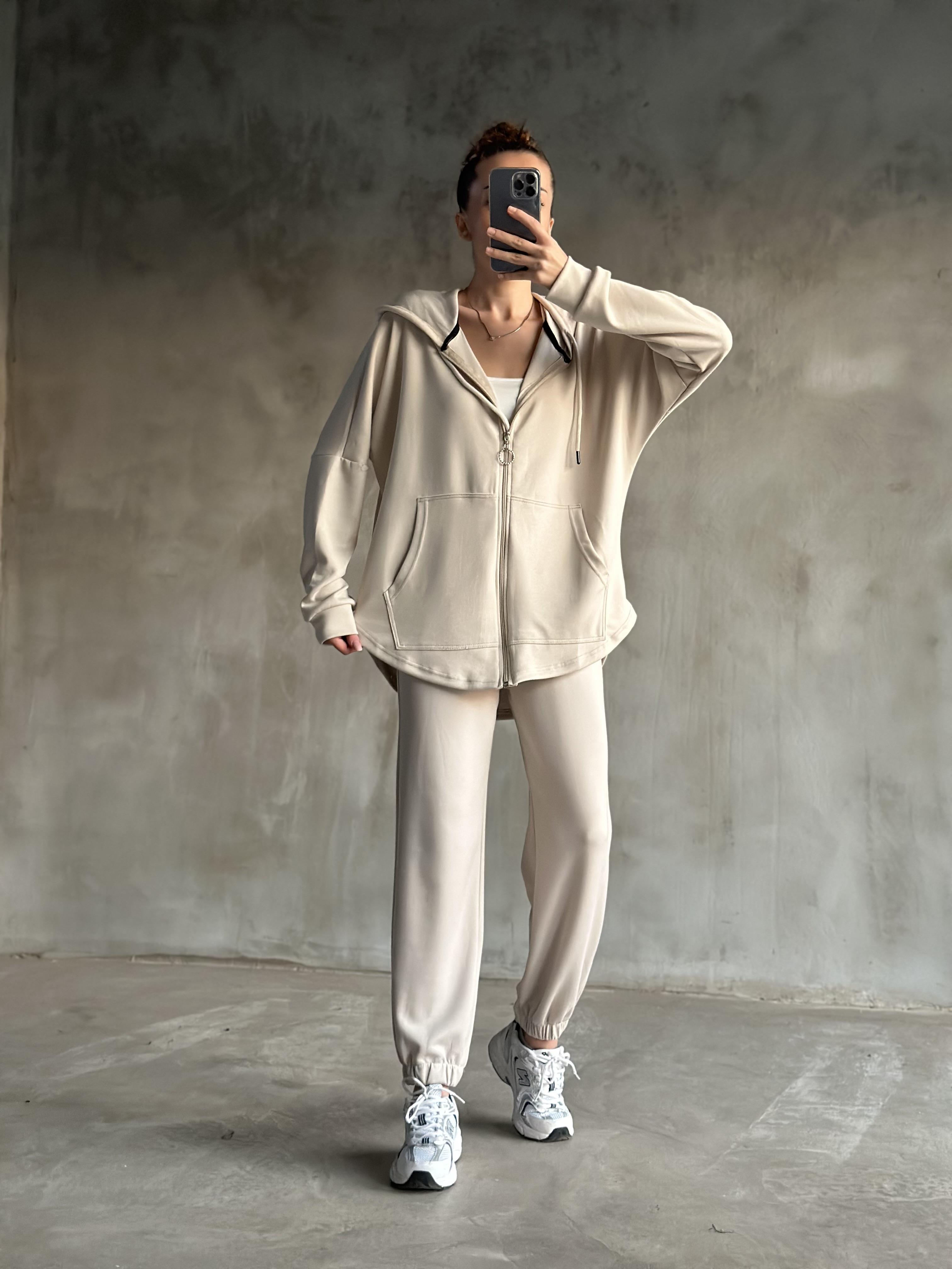 Oysh Uzun Hırkalı Jogger Takım - Bej - Dominatrend