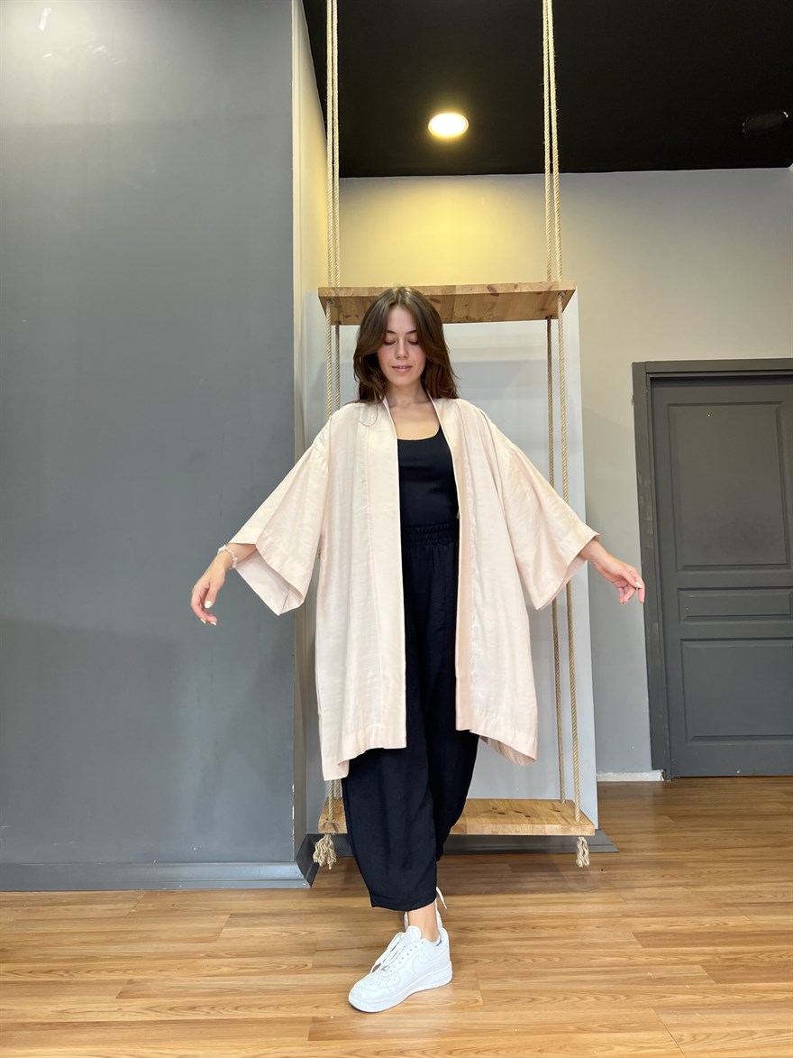 Pamuk Saten Kuşaklı Kimono - Bej - Dominatrend