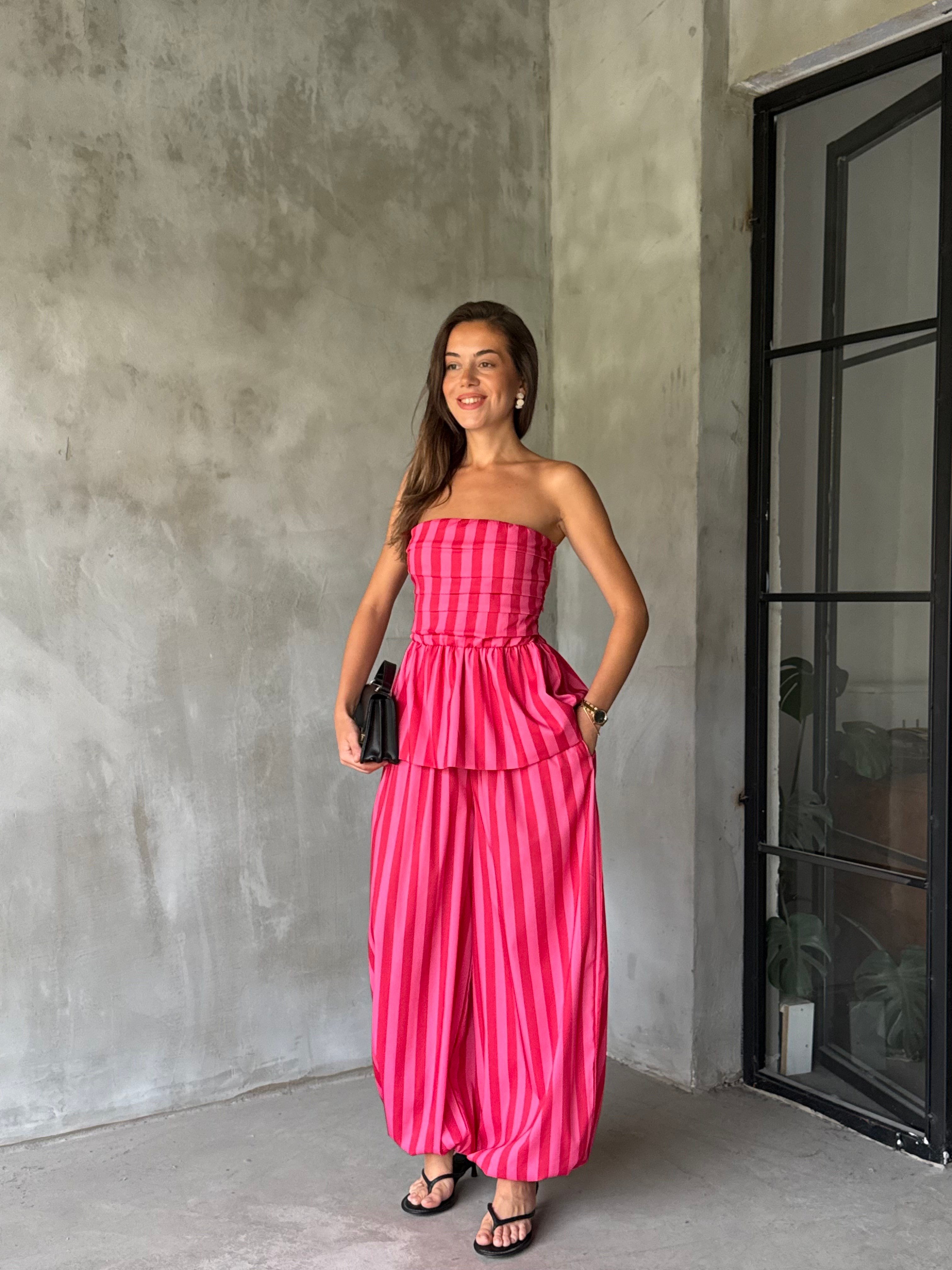 Pembe Çizgili Bluz Pantolon Takım  - Dominatrend