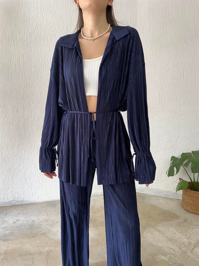 Piliseli Kimono - Pantolon Takım - Gece Mavisi - Dominatrend