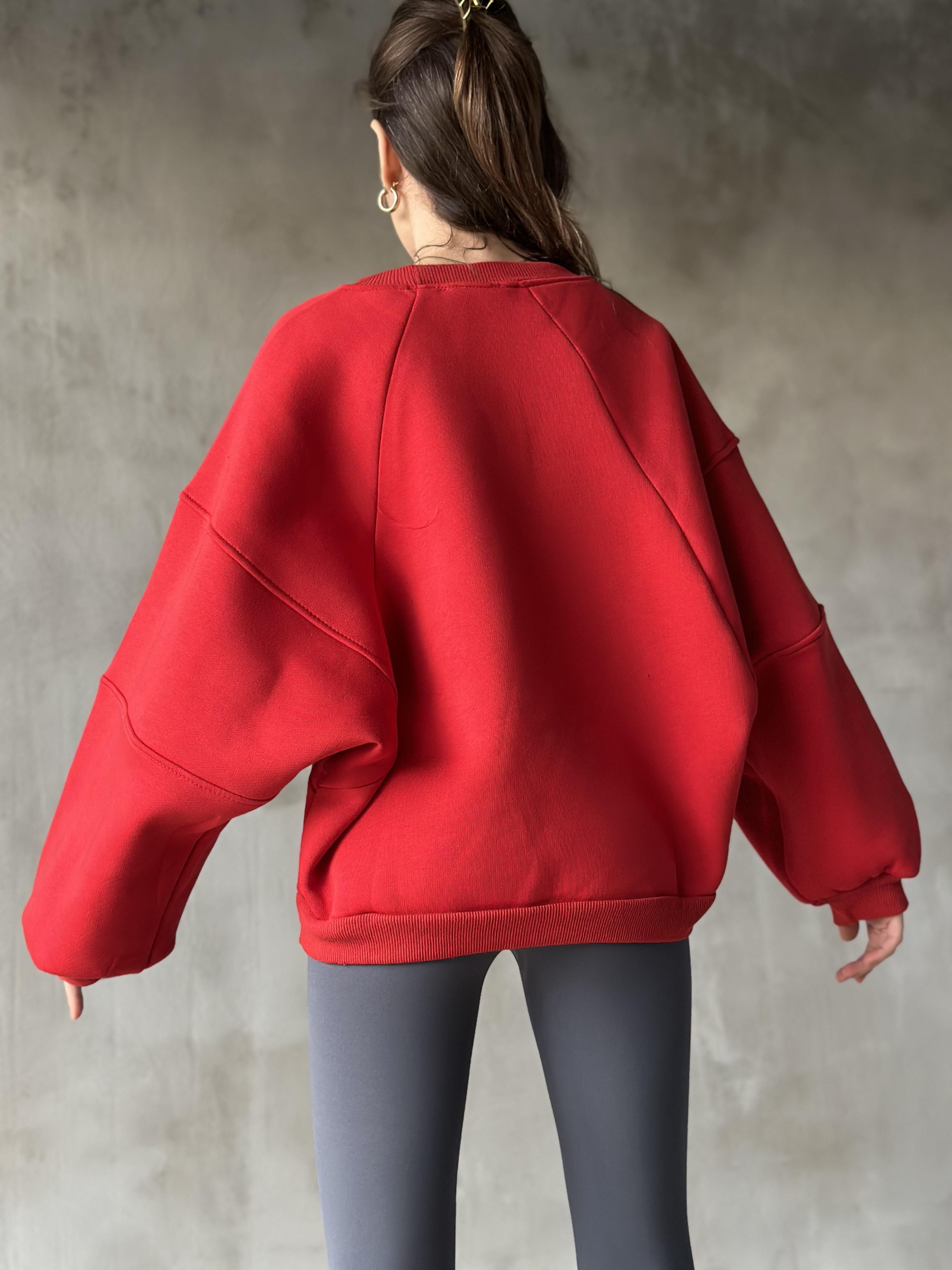 Poem Unisex Yarasa Kol Oversize Sweatshirt - Kırmızı - Dominatrend