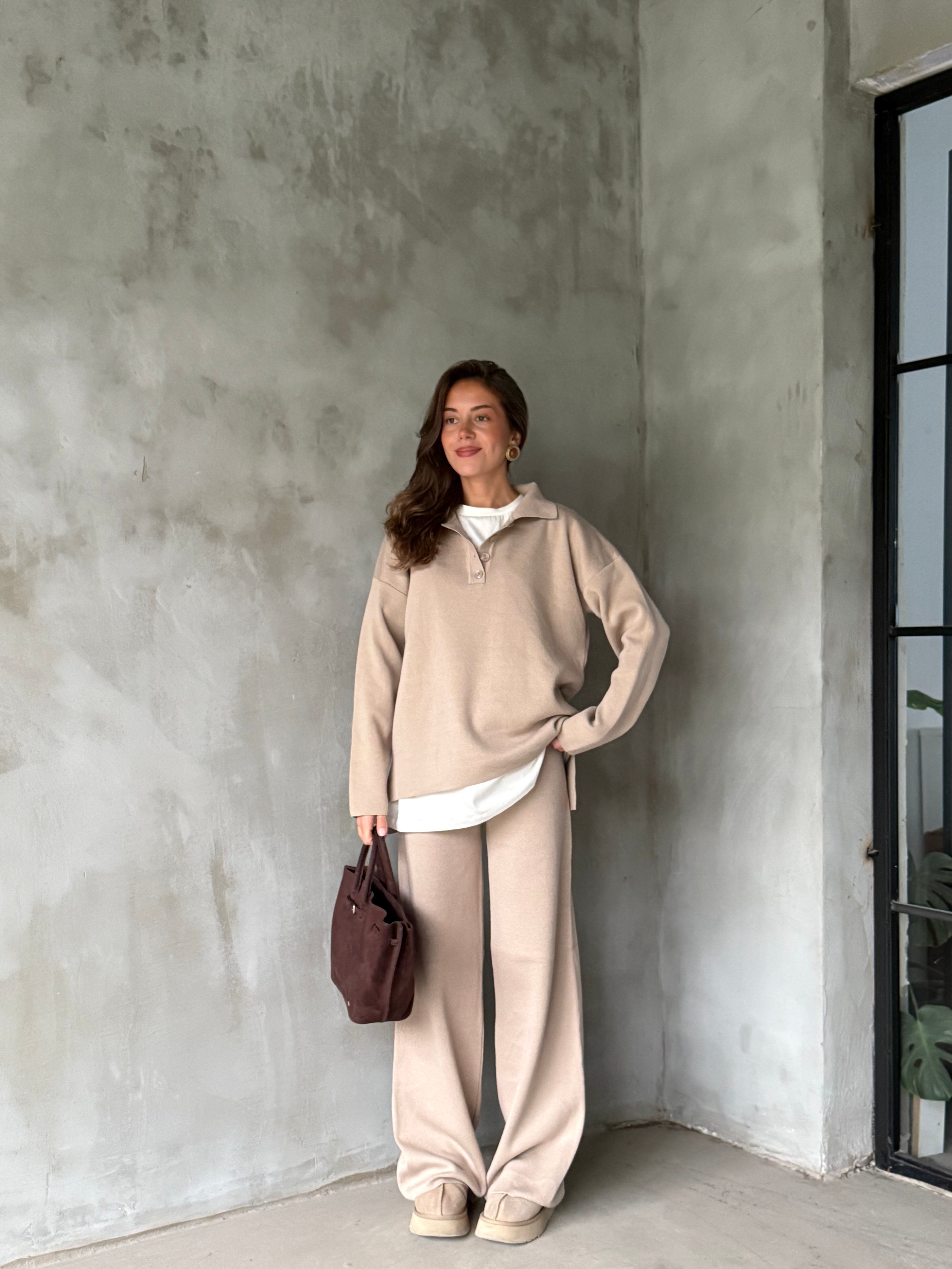 Polo Yaka Oversize Triko Takım - Krem - Dominatrend