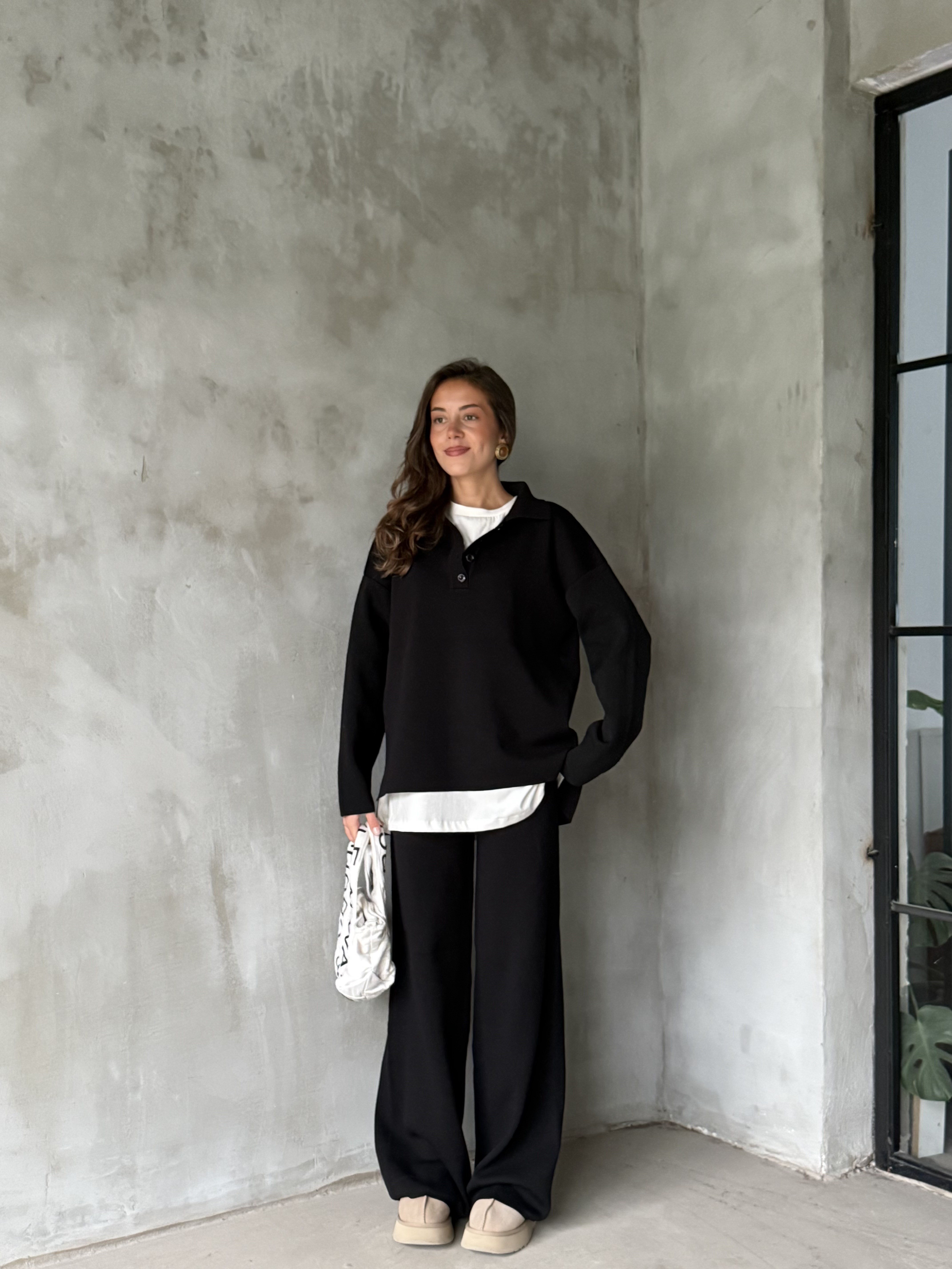 Polo Yaka Oversize Triko Takım - Siyah - Dominatrend