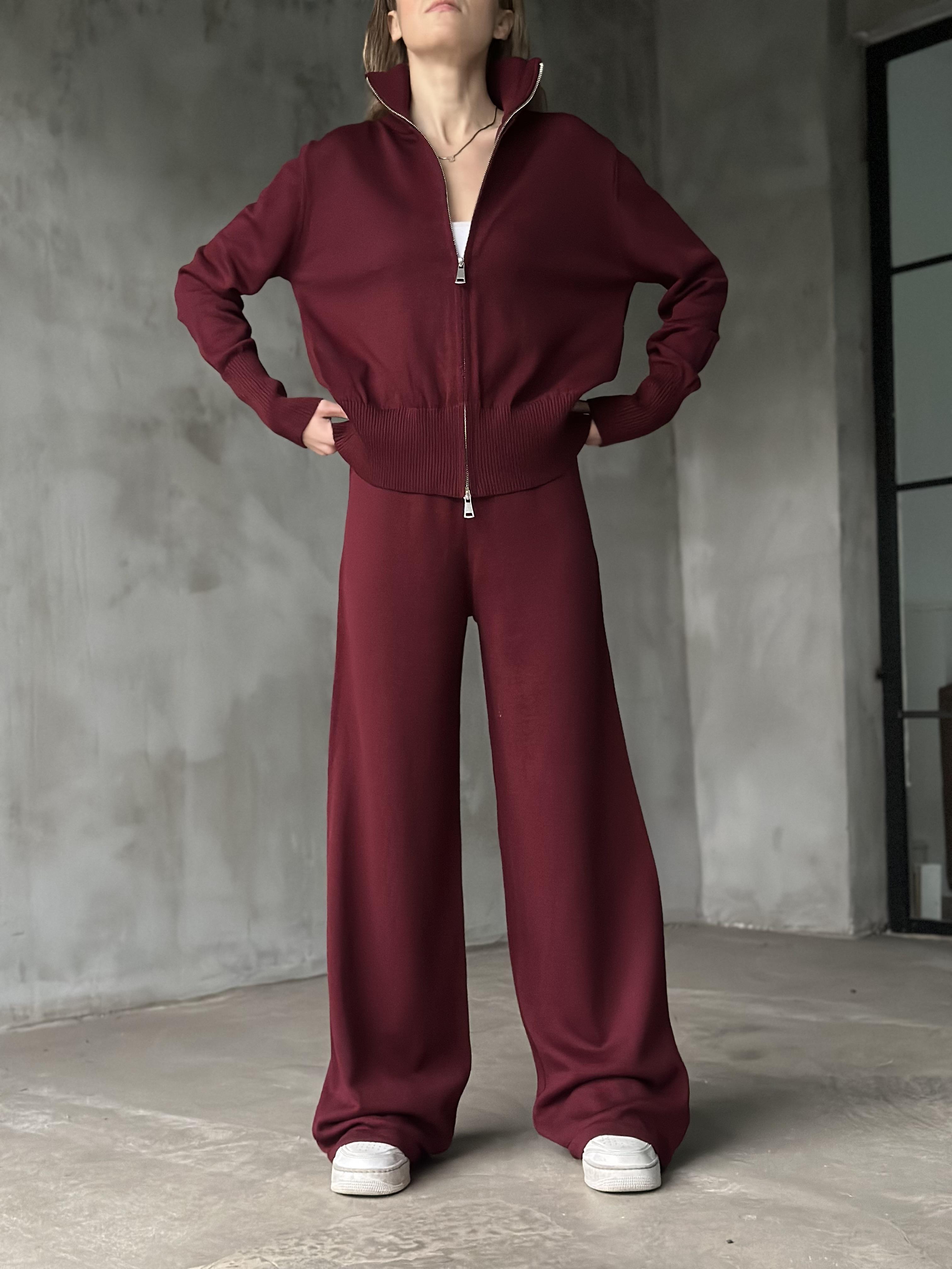 Premium Çift Fermuarlı Triko Takım - Bordo - Dominatrend