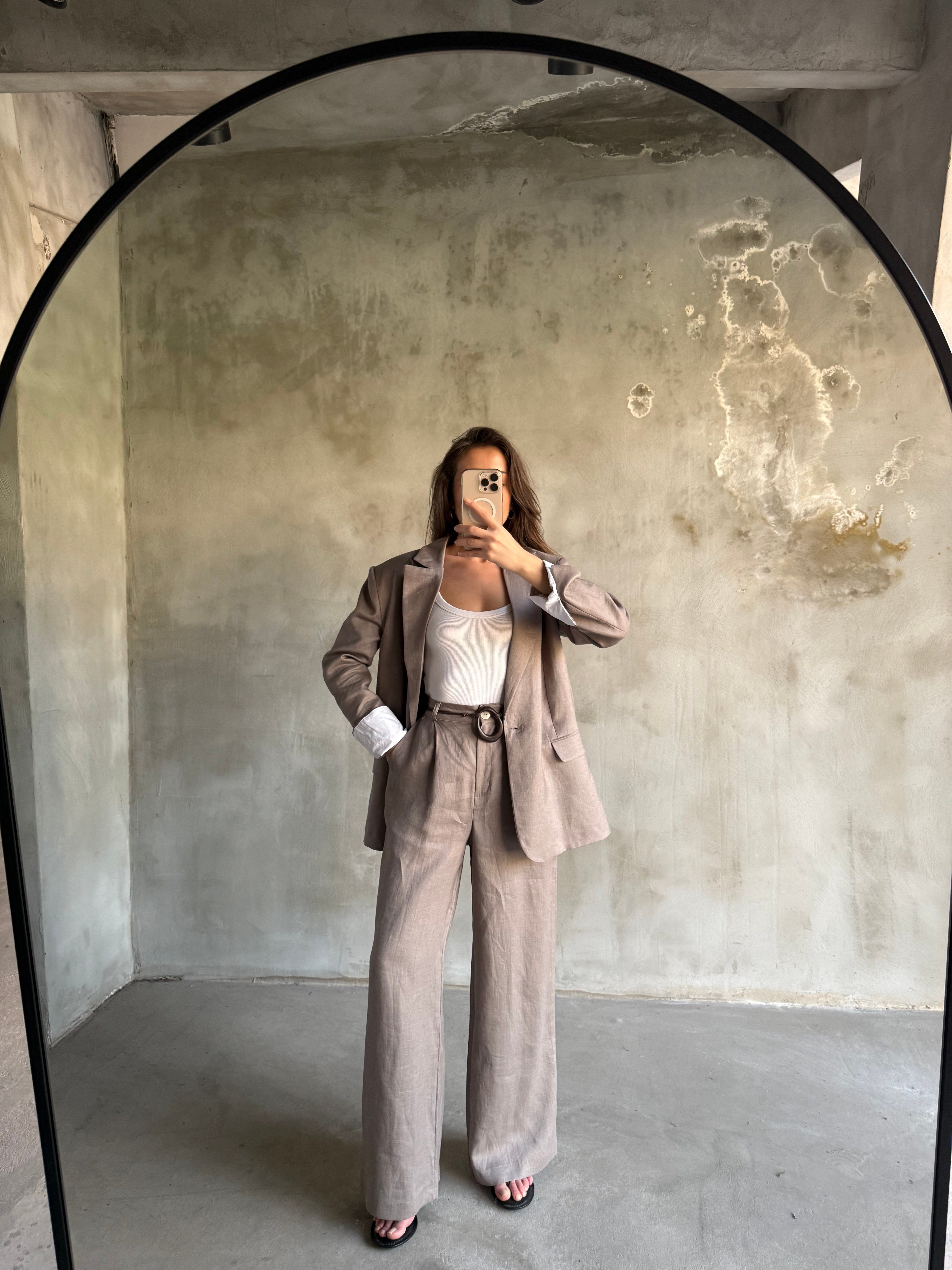 Premium Ham Keten Blazer Pantolon Takım - Vizon - Dominatrend