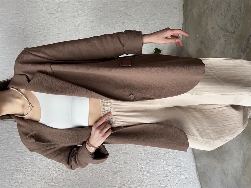 Premium Oversize Keten Ceket - Kahverengi  - Dominatrend
