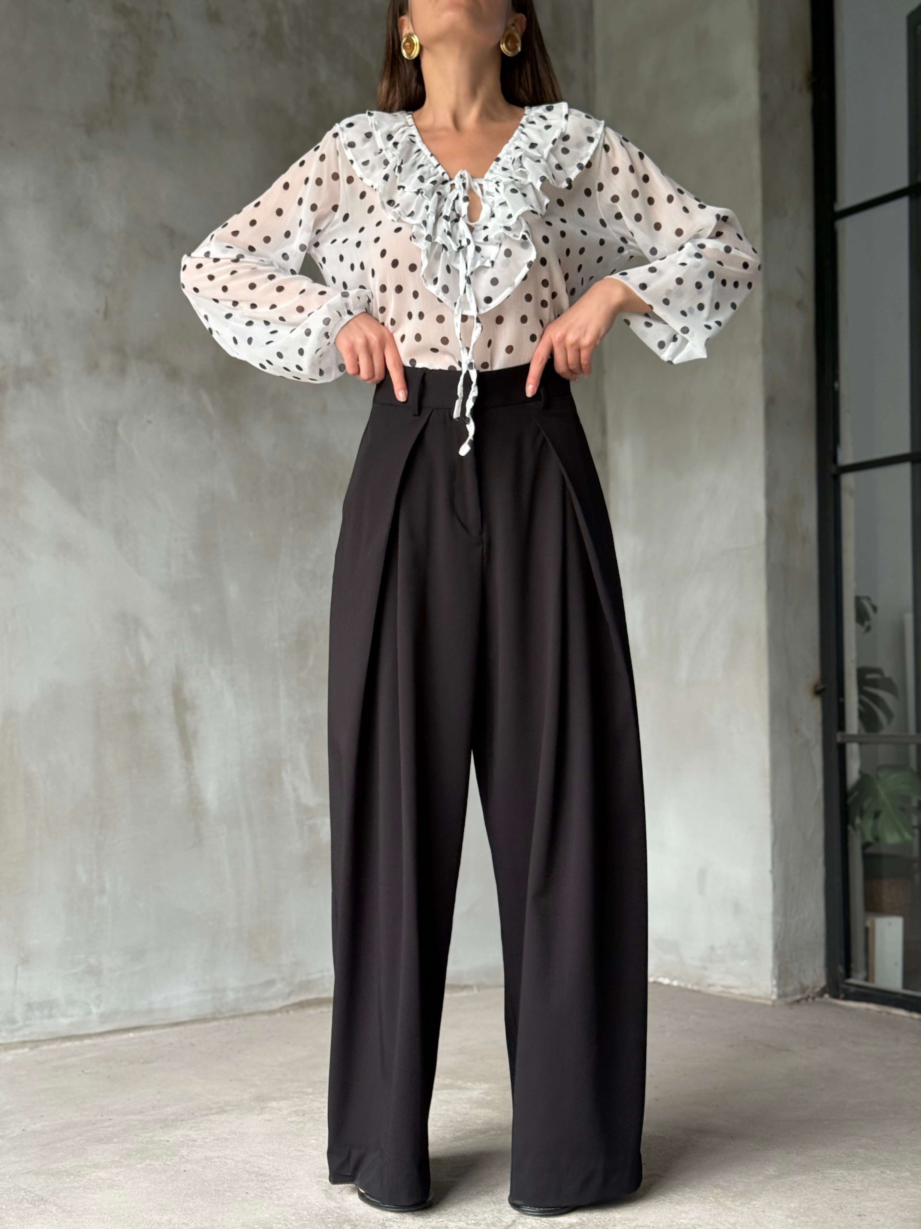 Premium Pileli Palazzo Pantolon - Siyah - Dominatrend