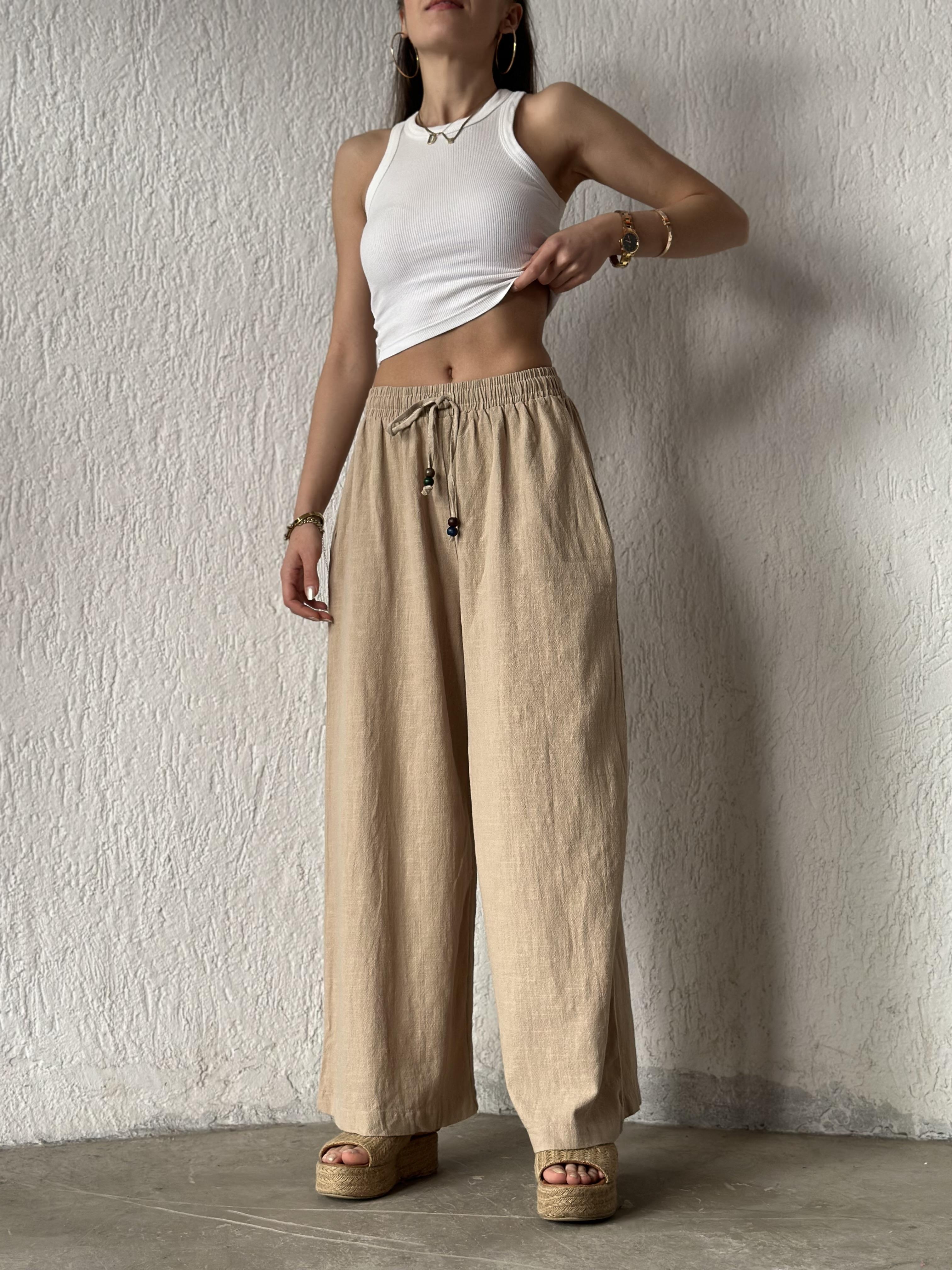 Ruby Keten Salaş Pantolon - Bej - Dominatrend