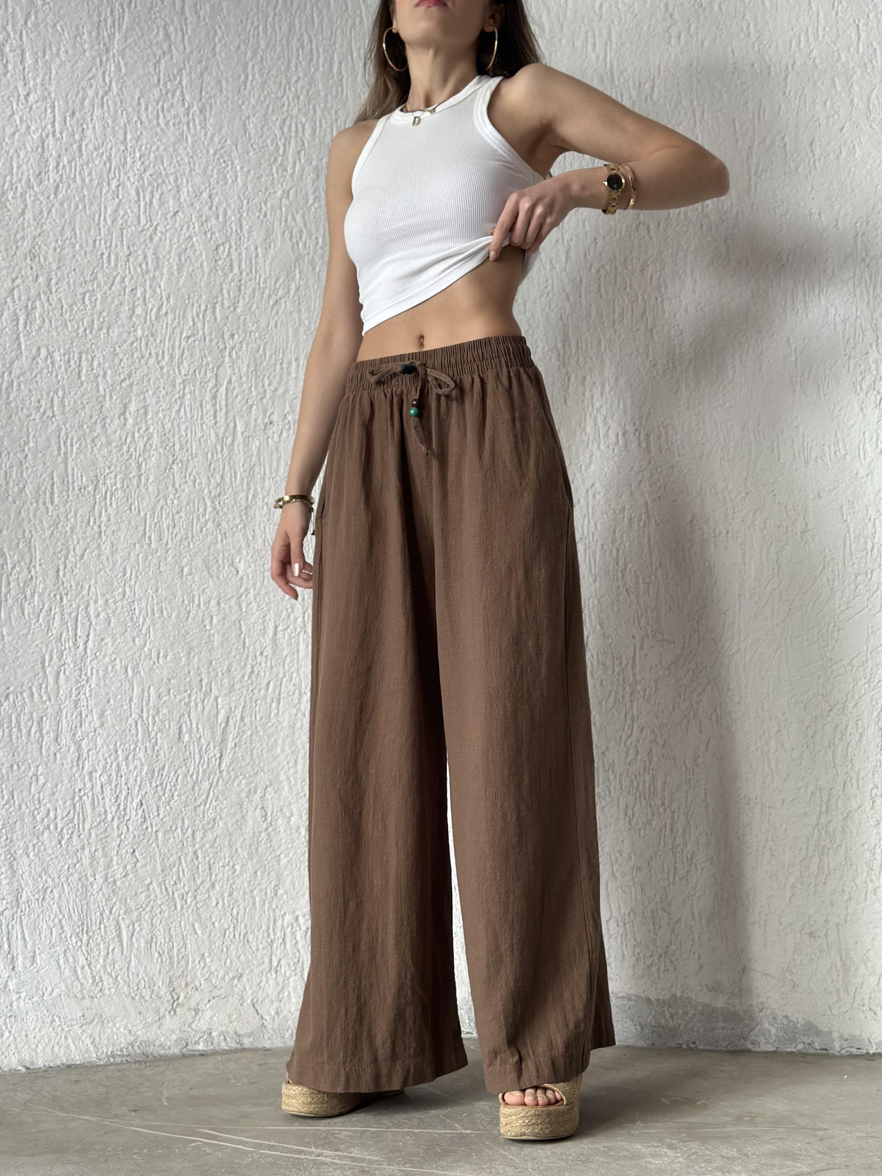 Ruby Keten Salaş Pantolon - Kahverengi - Dominatrend