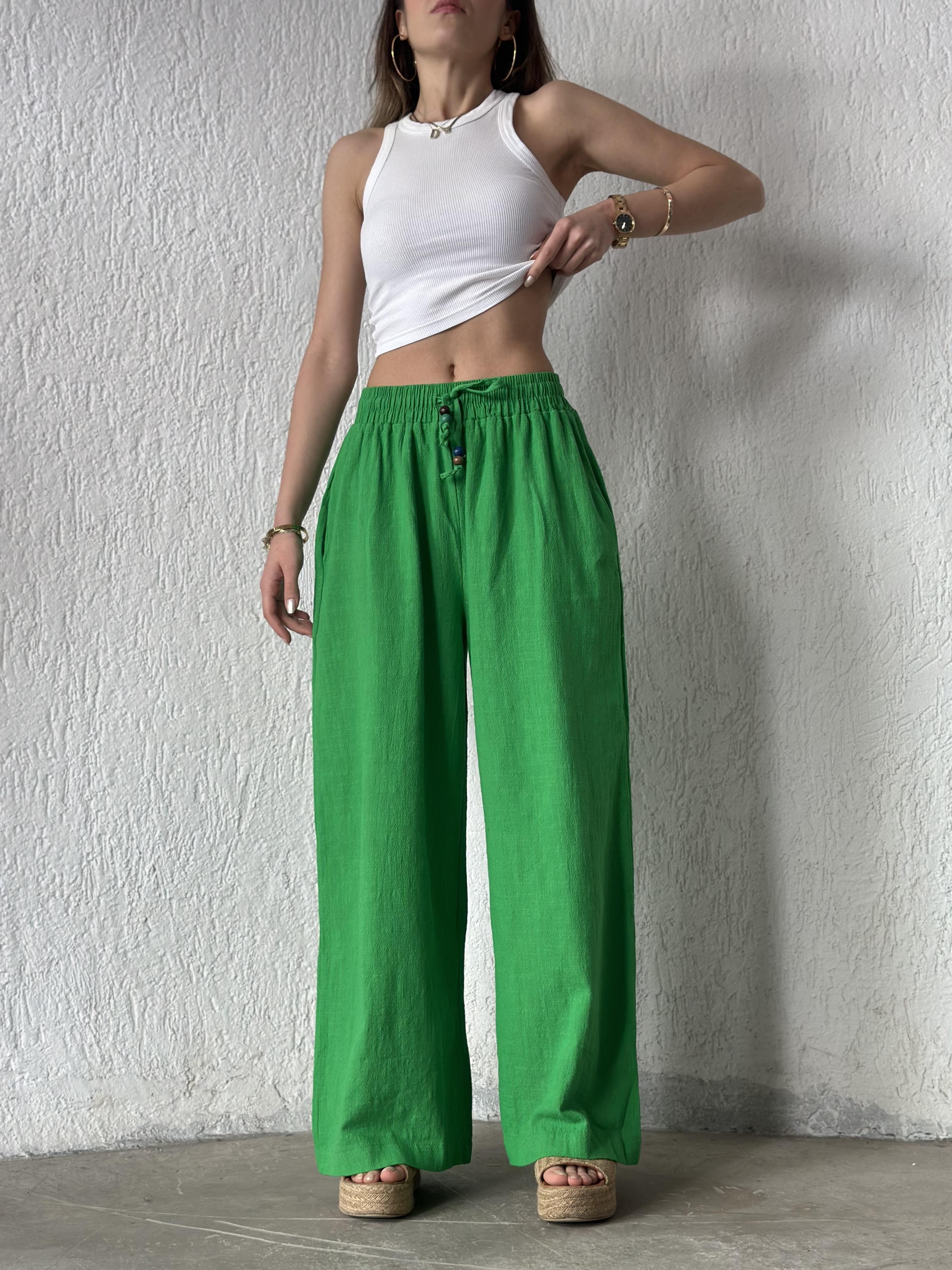 Ruby Keten Salaş Pantolon - Yeşil - Dominatrend