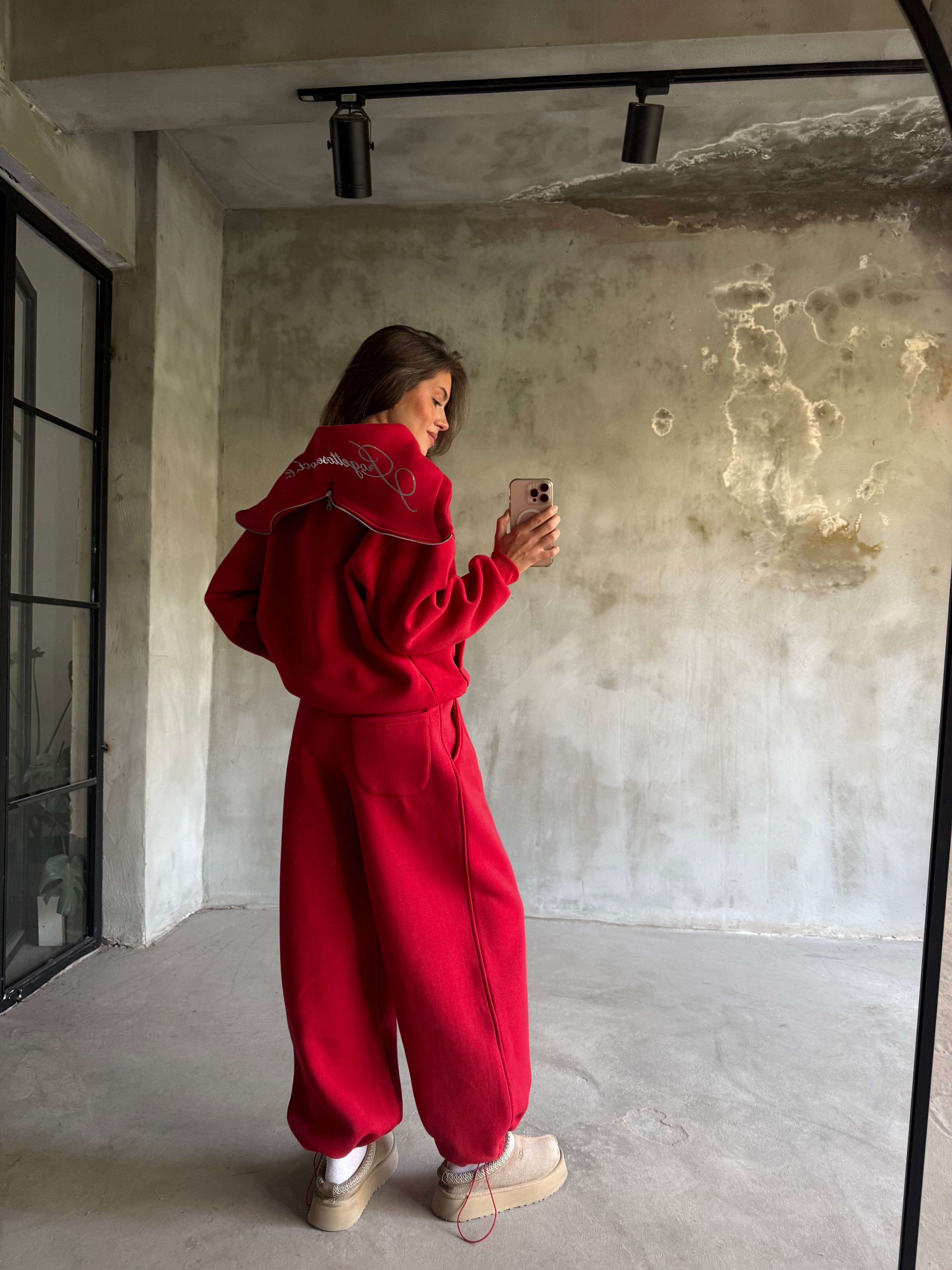 Şal Yaka Fermuarlı Oversize Stoperli Takım - Kırmızı - Dominatrend