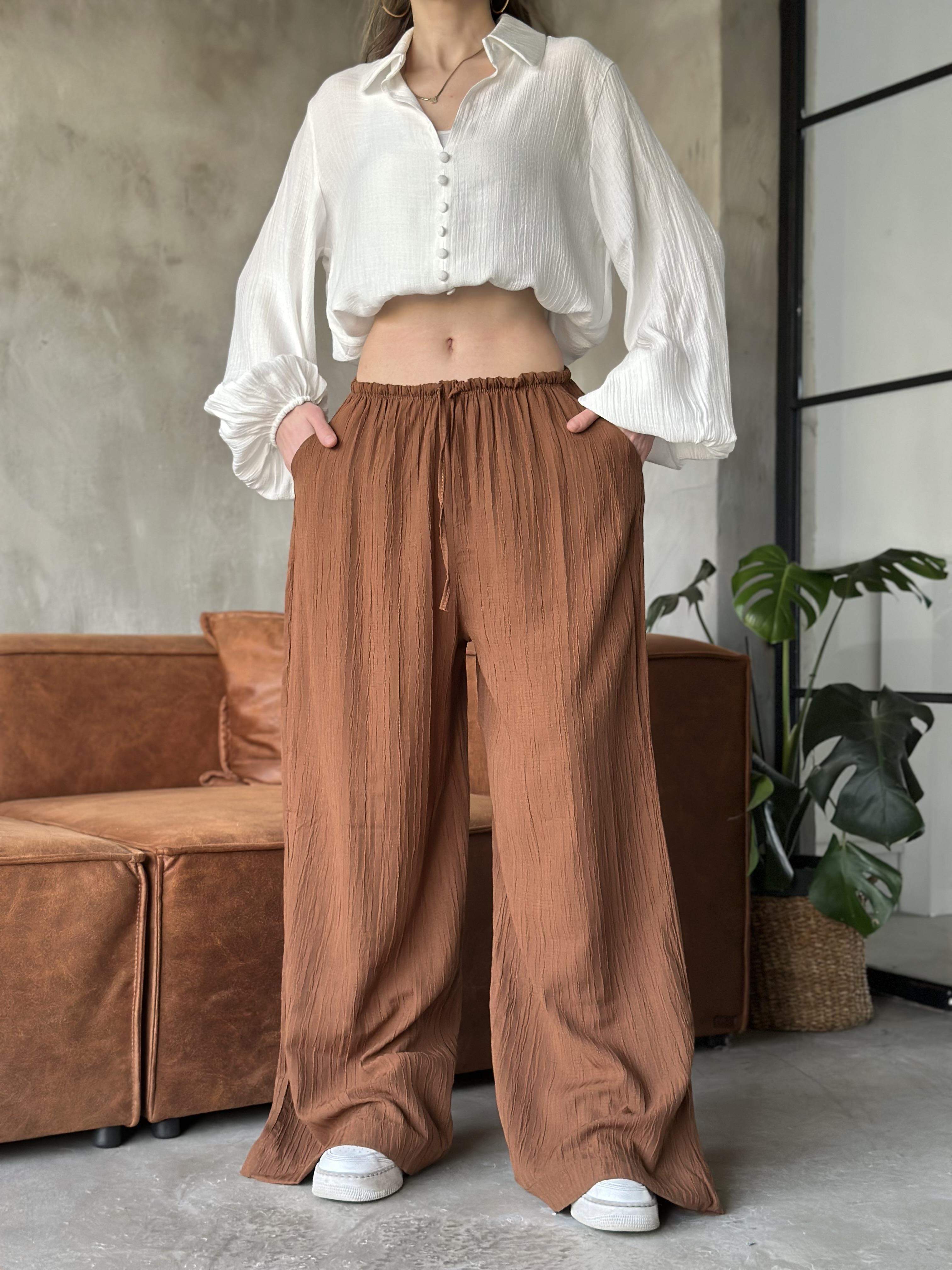 Sandy Gofre Salaş Pantolon - Kahverengi - Dominatrend