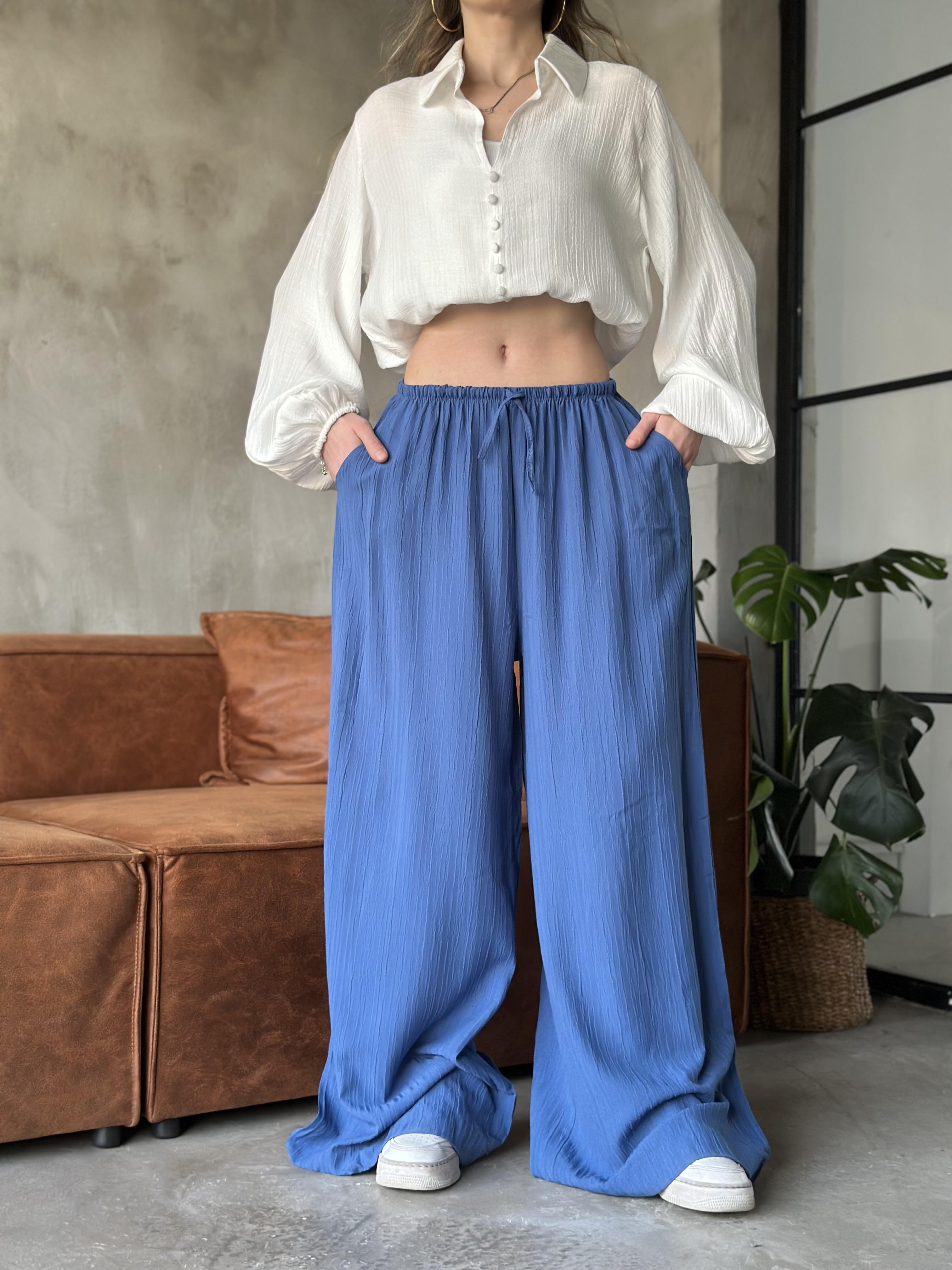 Sandy Gofre Salaş Pantolon - Saks - Dominatrend