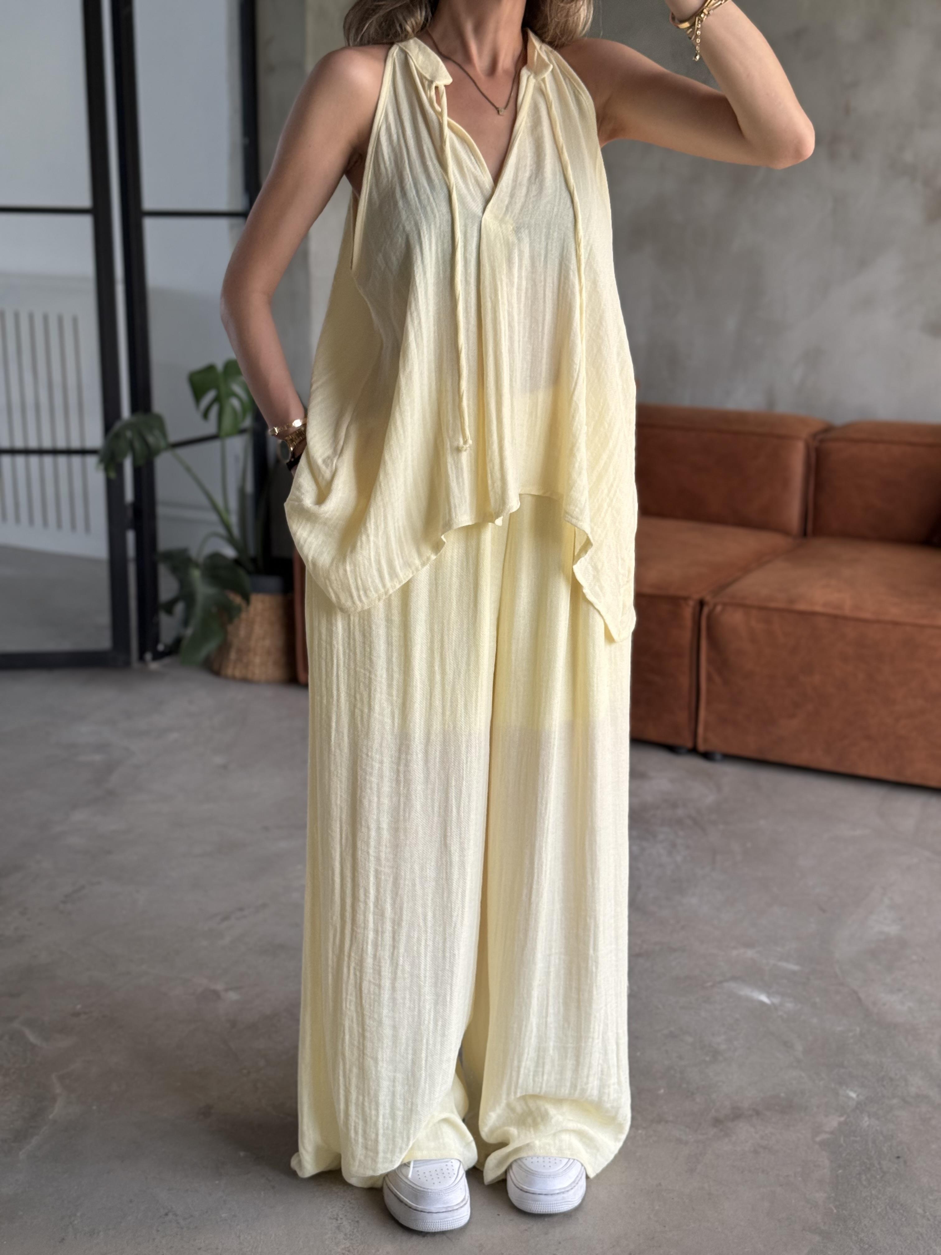 Sarı Premium Polly Bluzlu Takım  - Dominatrend