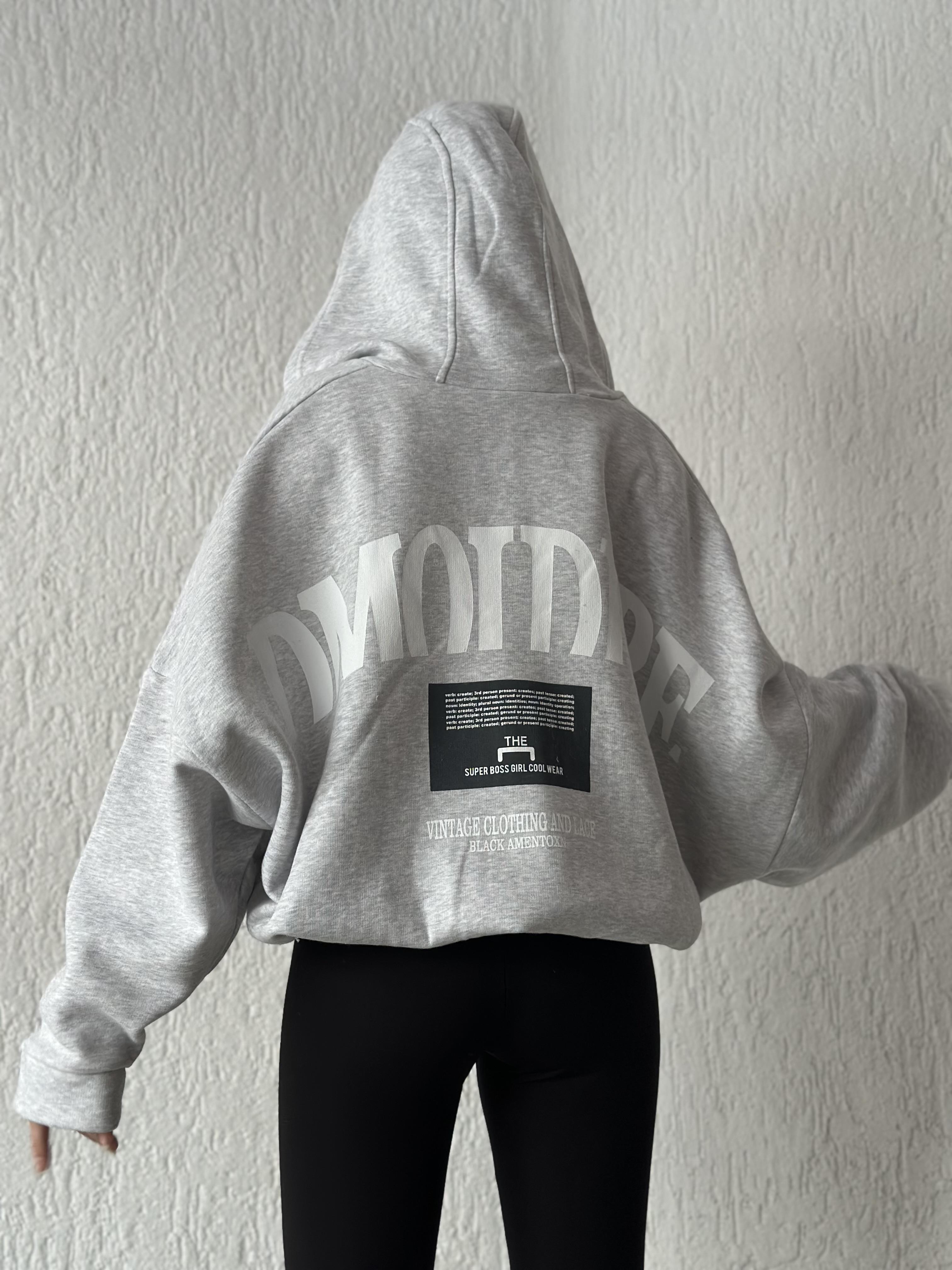 Sırt Baskılı Oversize Hırka - Gri - Dominatrend