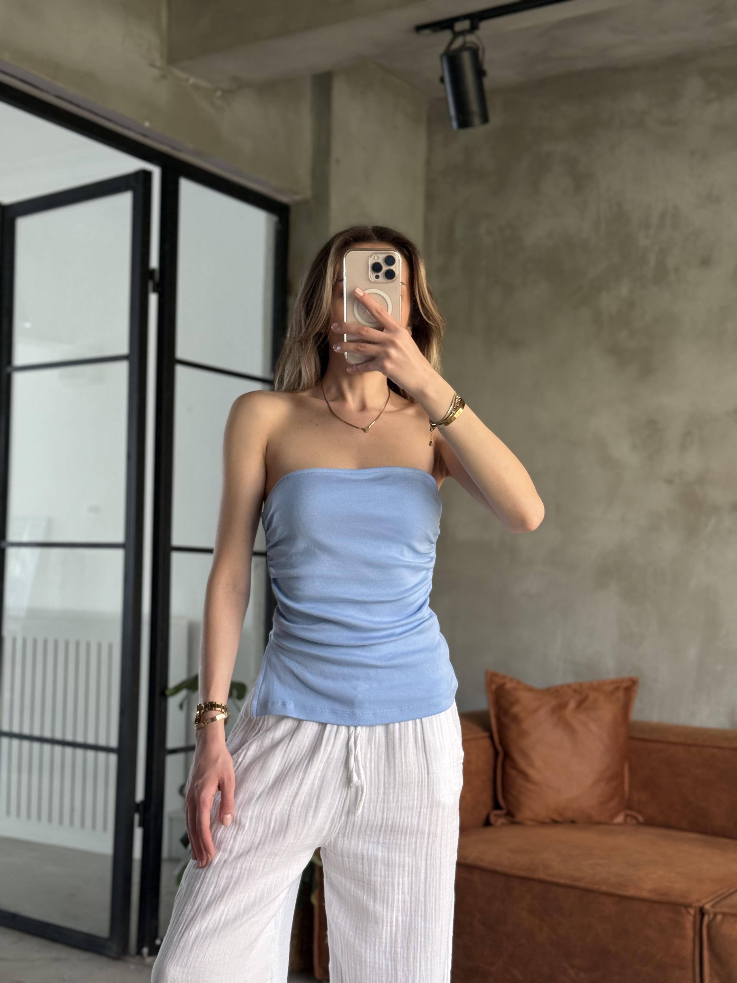 Straplez Bluz - Mavi - Dominatrend