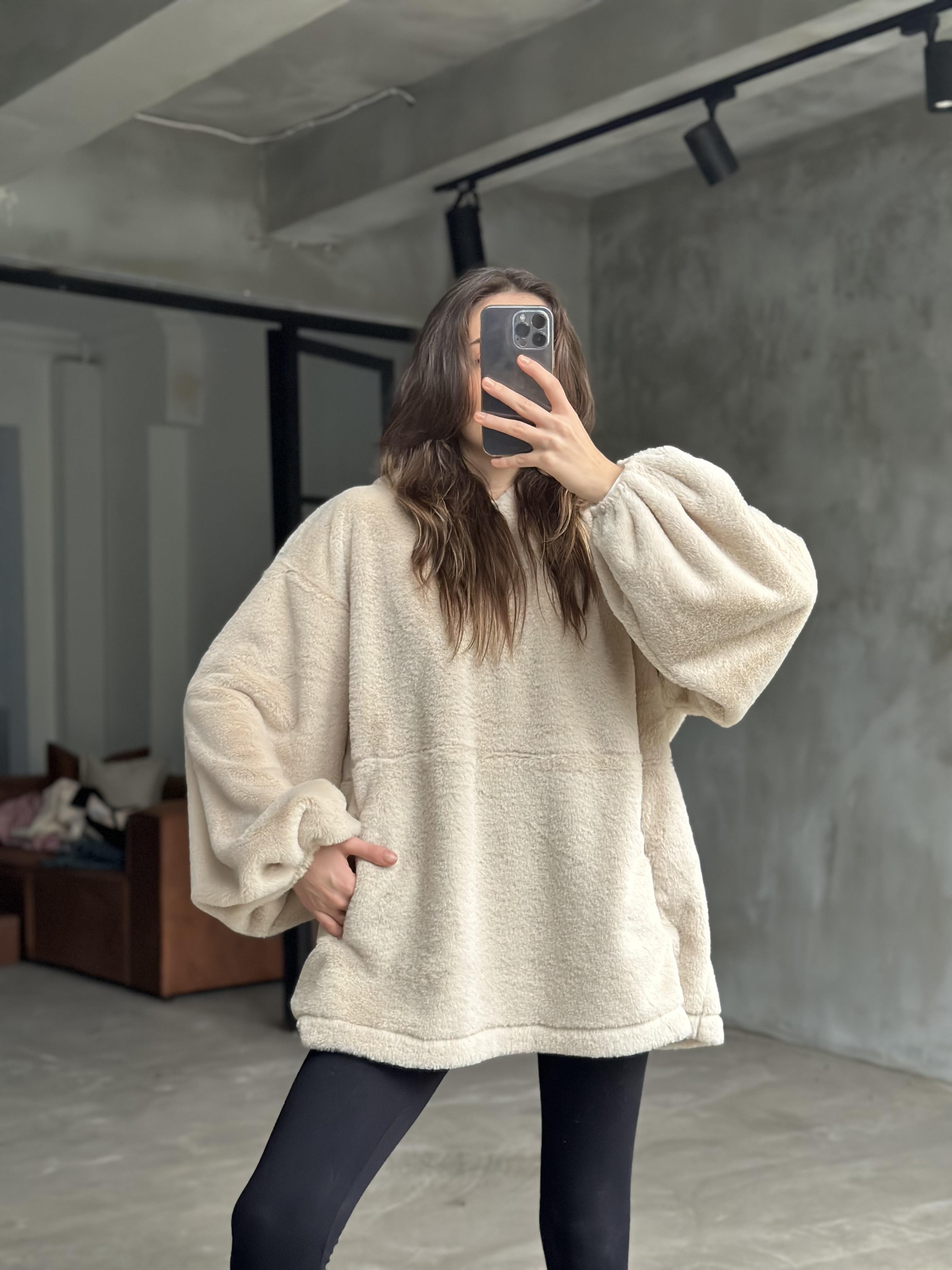 Teddy Peluş oversize Sweatshirt - Ekru - Dominatrend