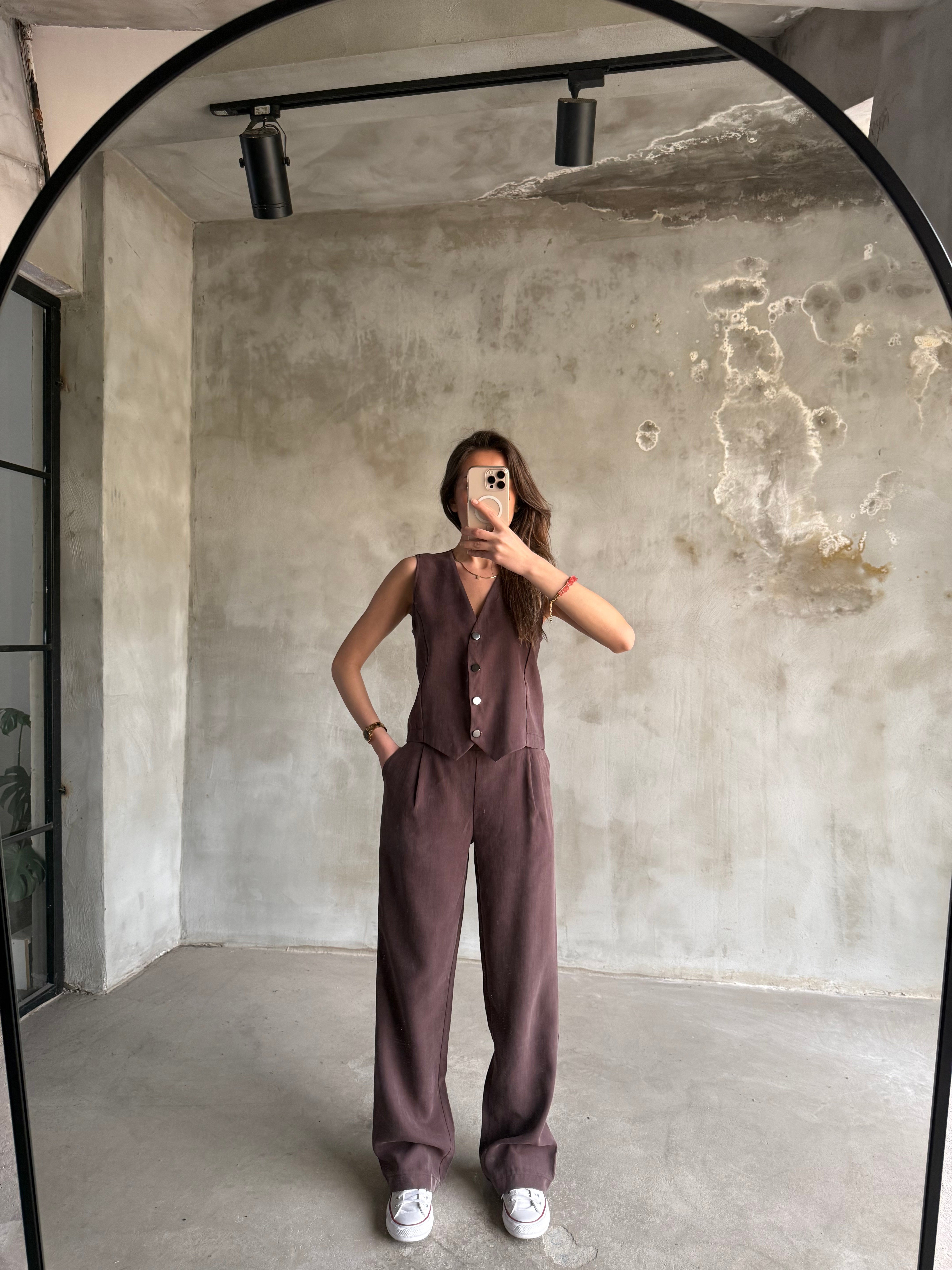 Tencel Gabardin Yelekli Takım - Kahverengi - Dominatrend