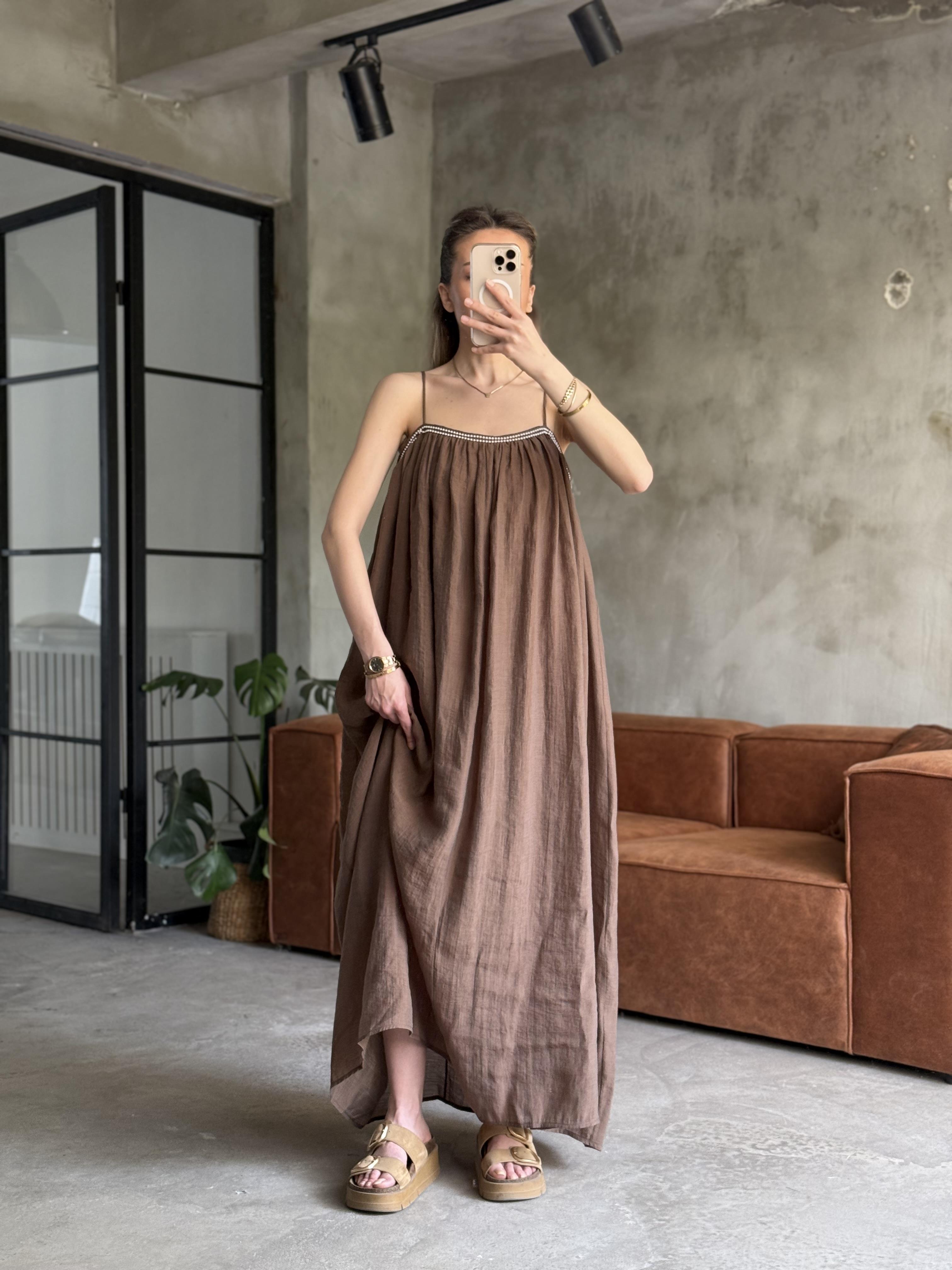 Tencel Modal Maxi Elbise - Kahverengi - Dominatrend