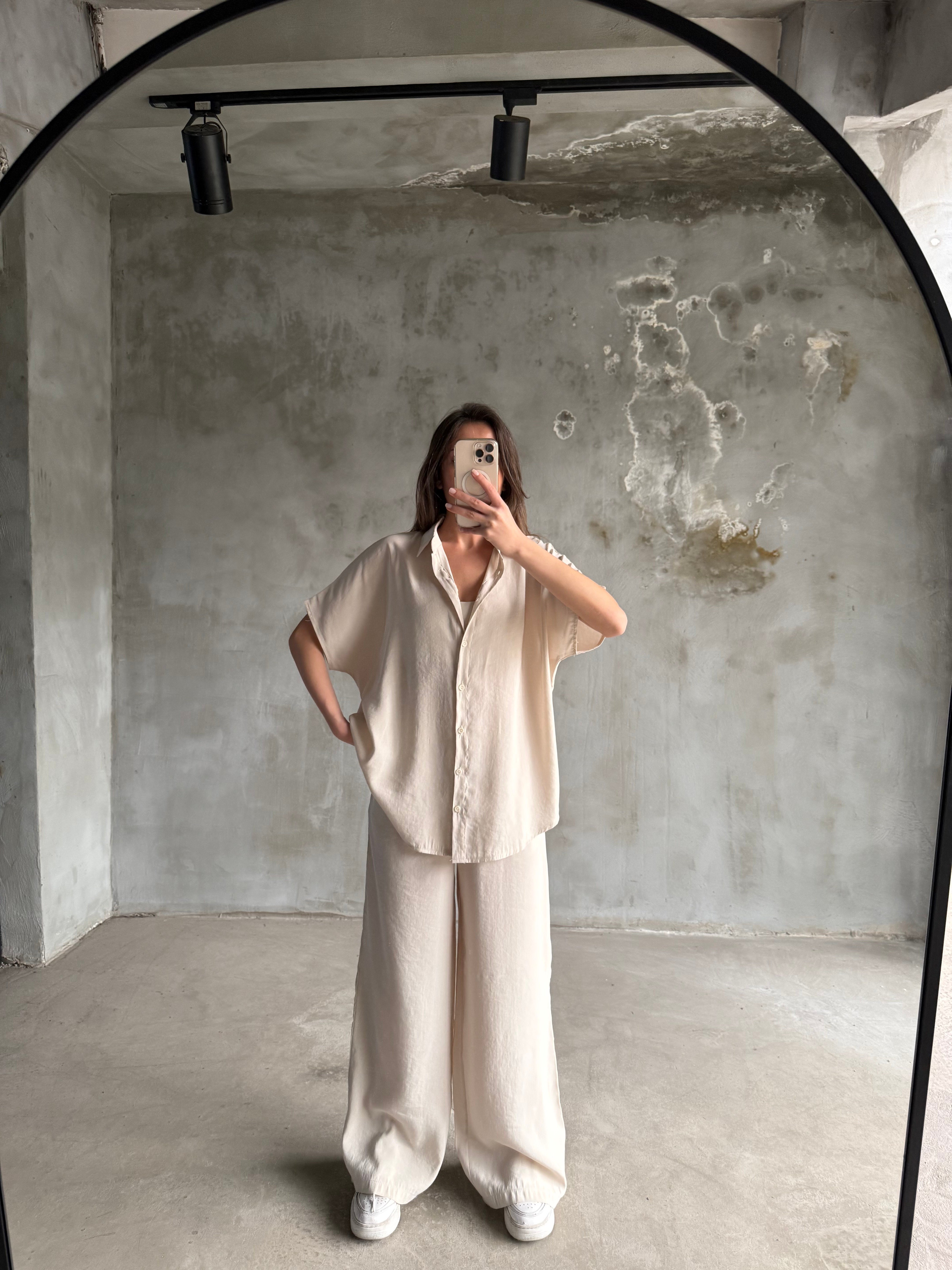 Tensel Oversize Kısa Kollu Takım - Krem - Dominatrend
