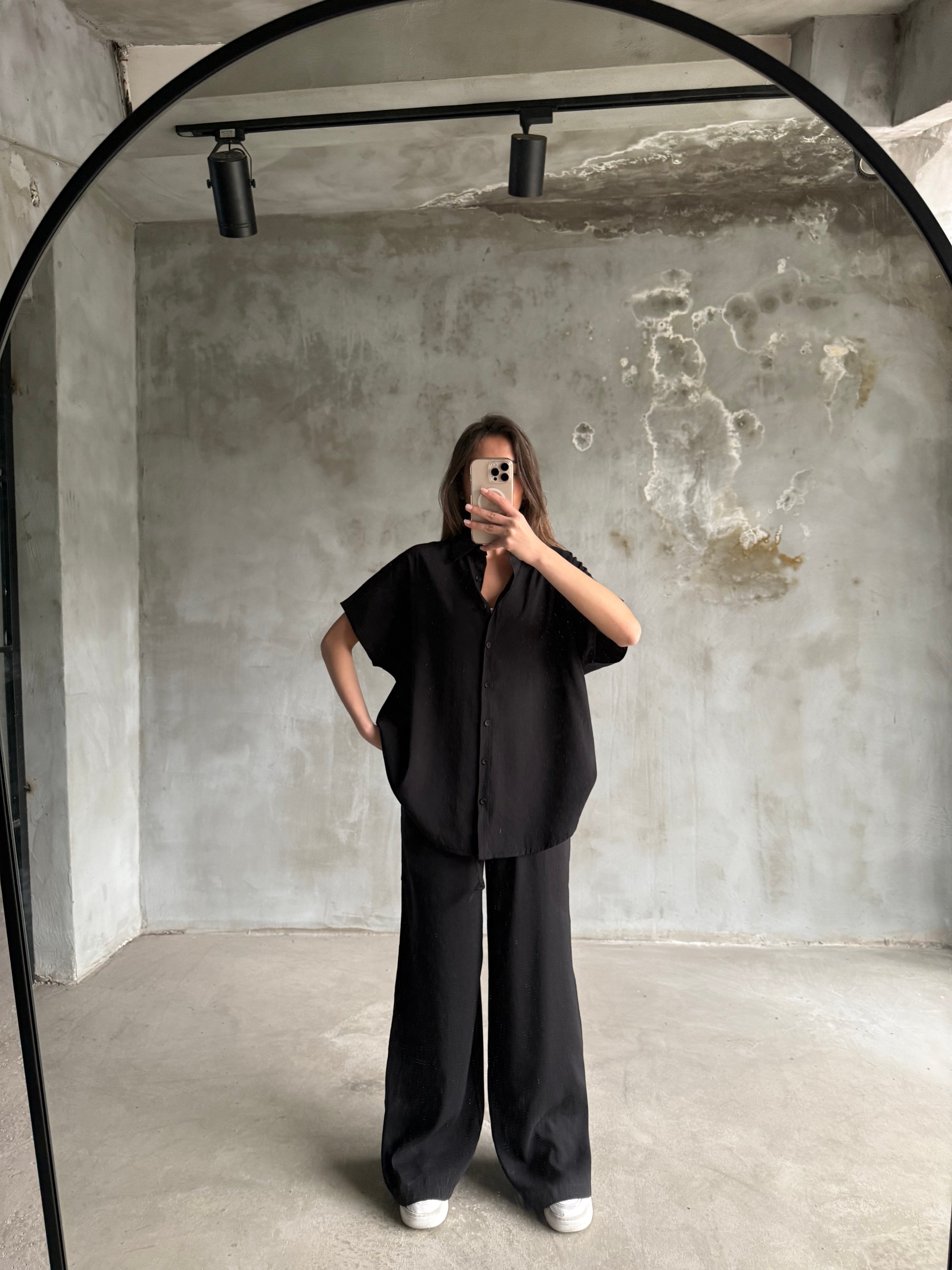 Tensel Oversize Kısa Kollu Takım - Siyah - Dominatrend