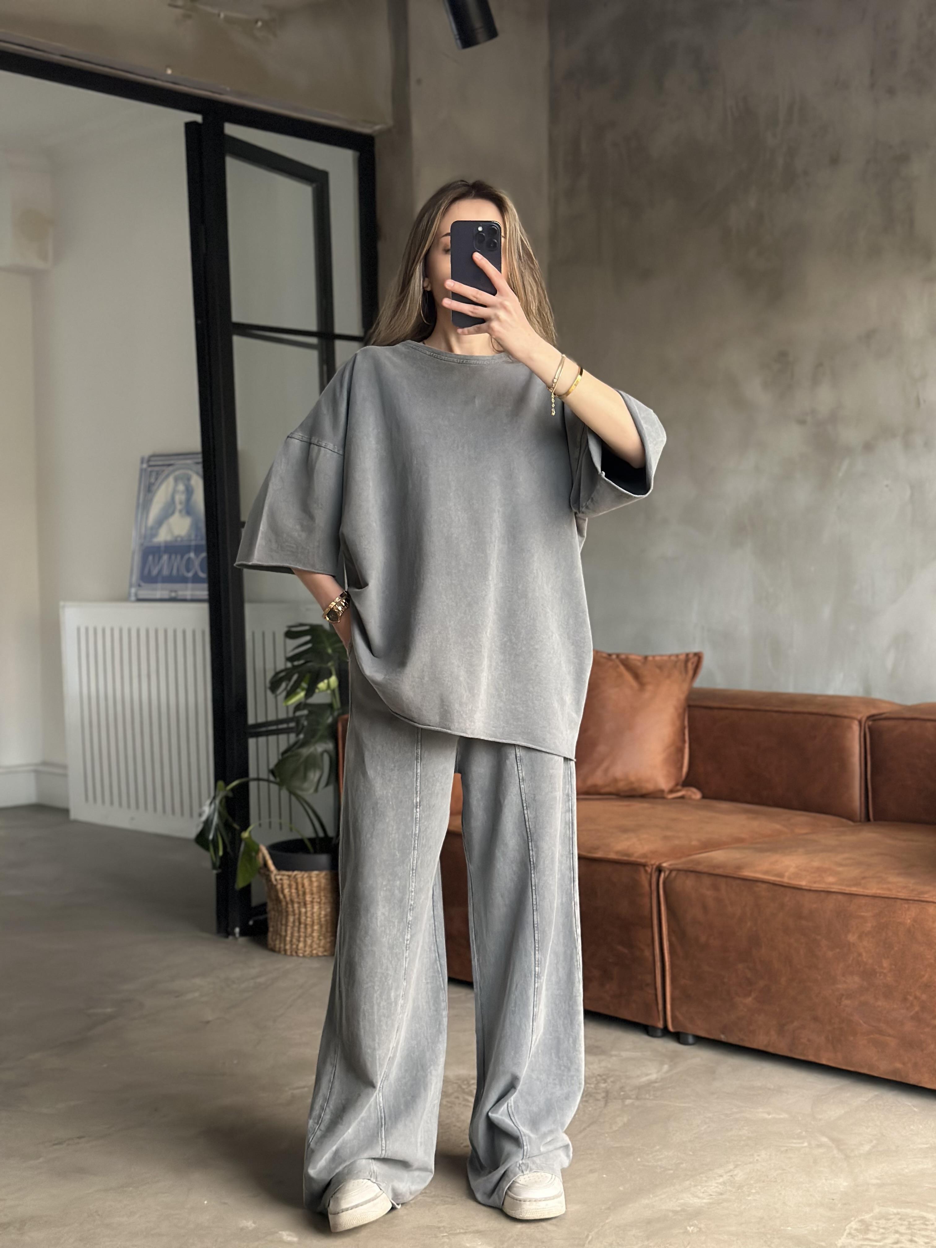 Unisex Yıkamalı Oversize Kısa Kollu Takım - Gri - Dominatrend