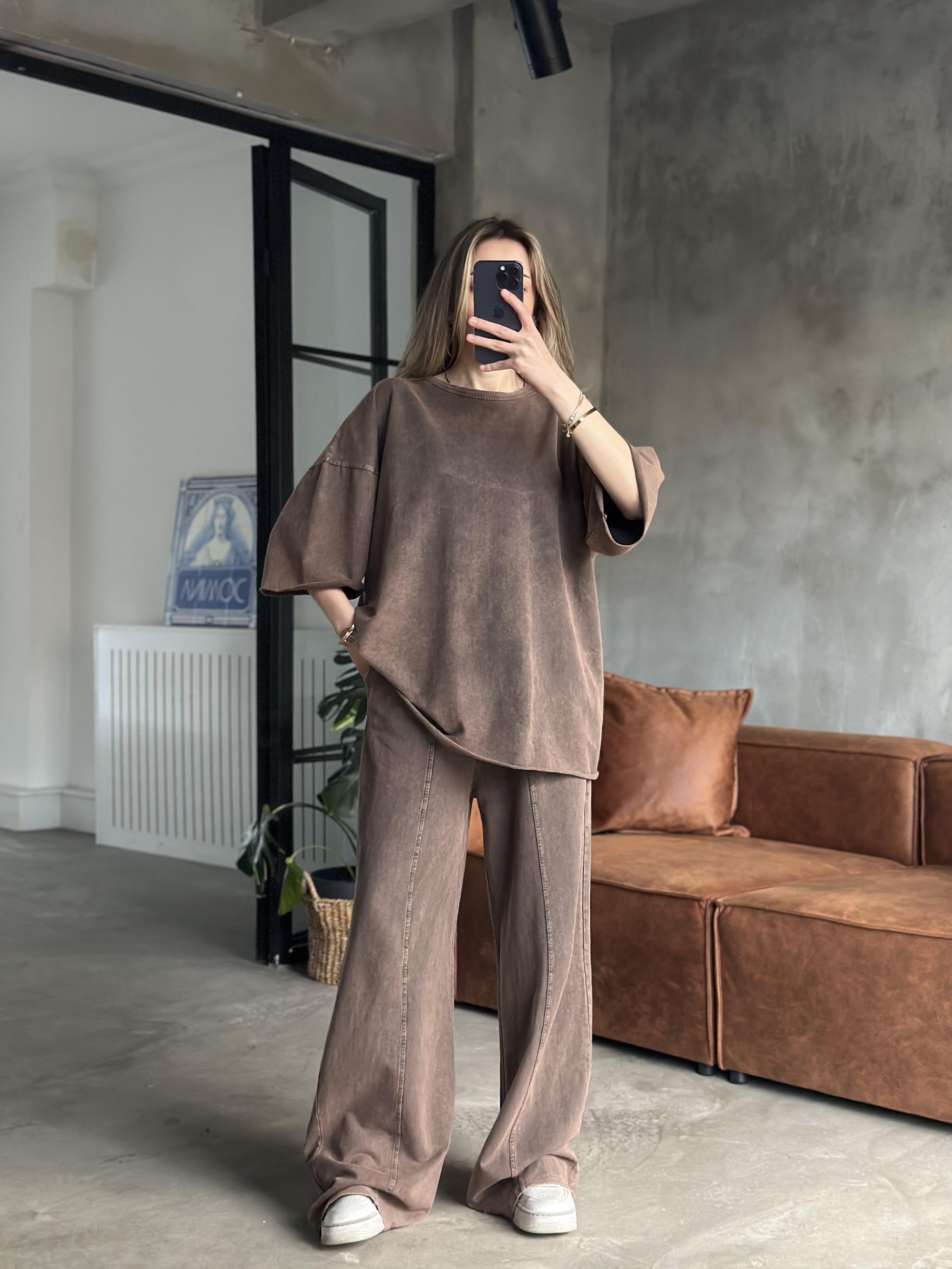 Unisex Yıkamalı Oversize Kısa Kollu Takım - Kahverengi - Dominatrend